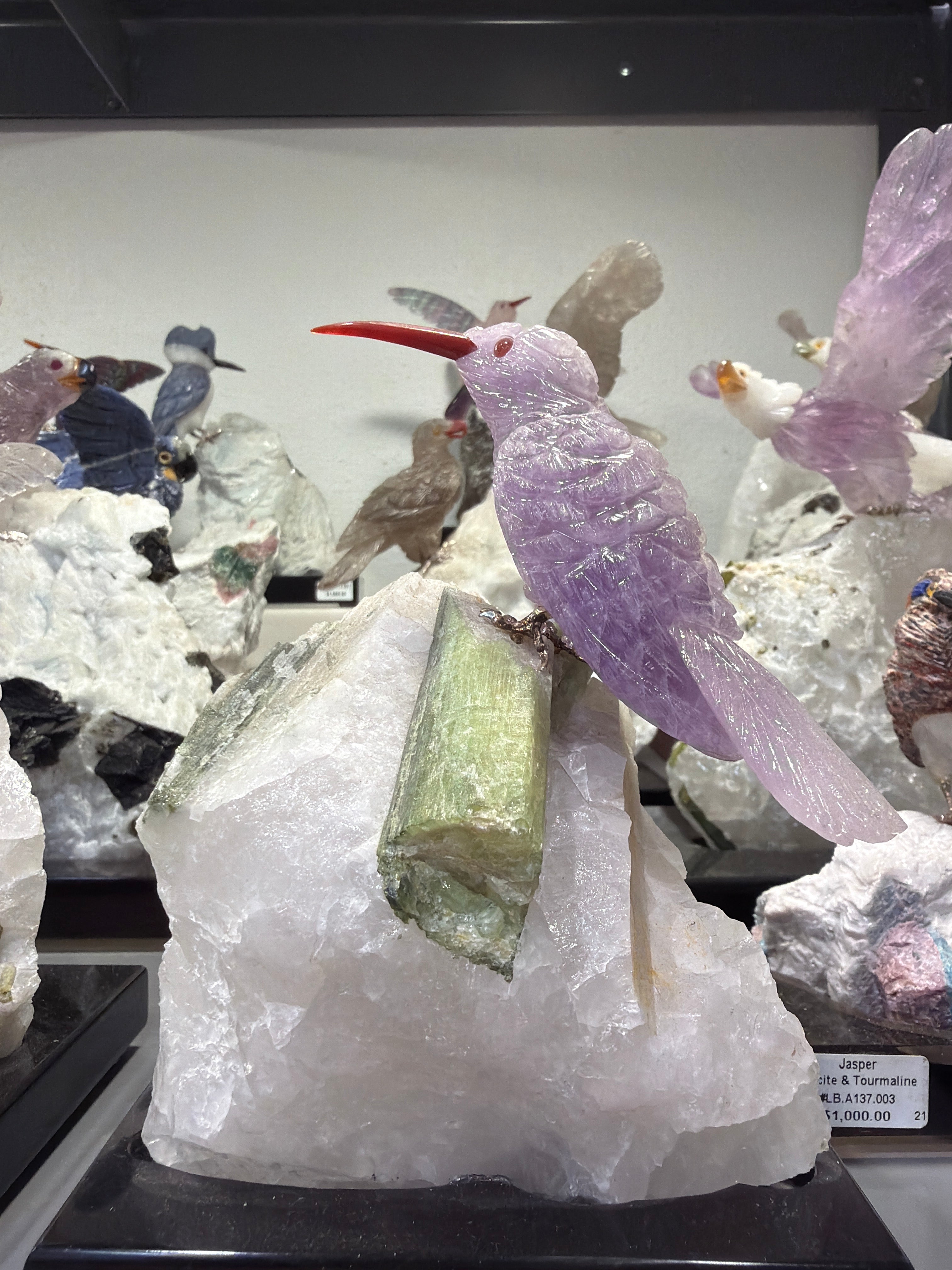 Peter Muller Amethyst Humming Love Birds Carving on Watermelon Tourmaline Base