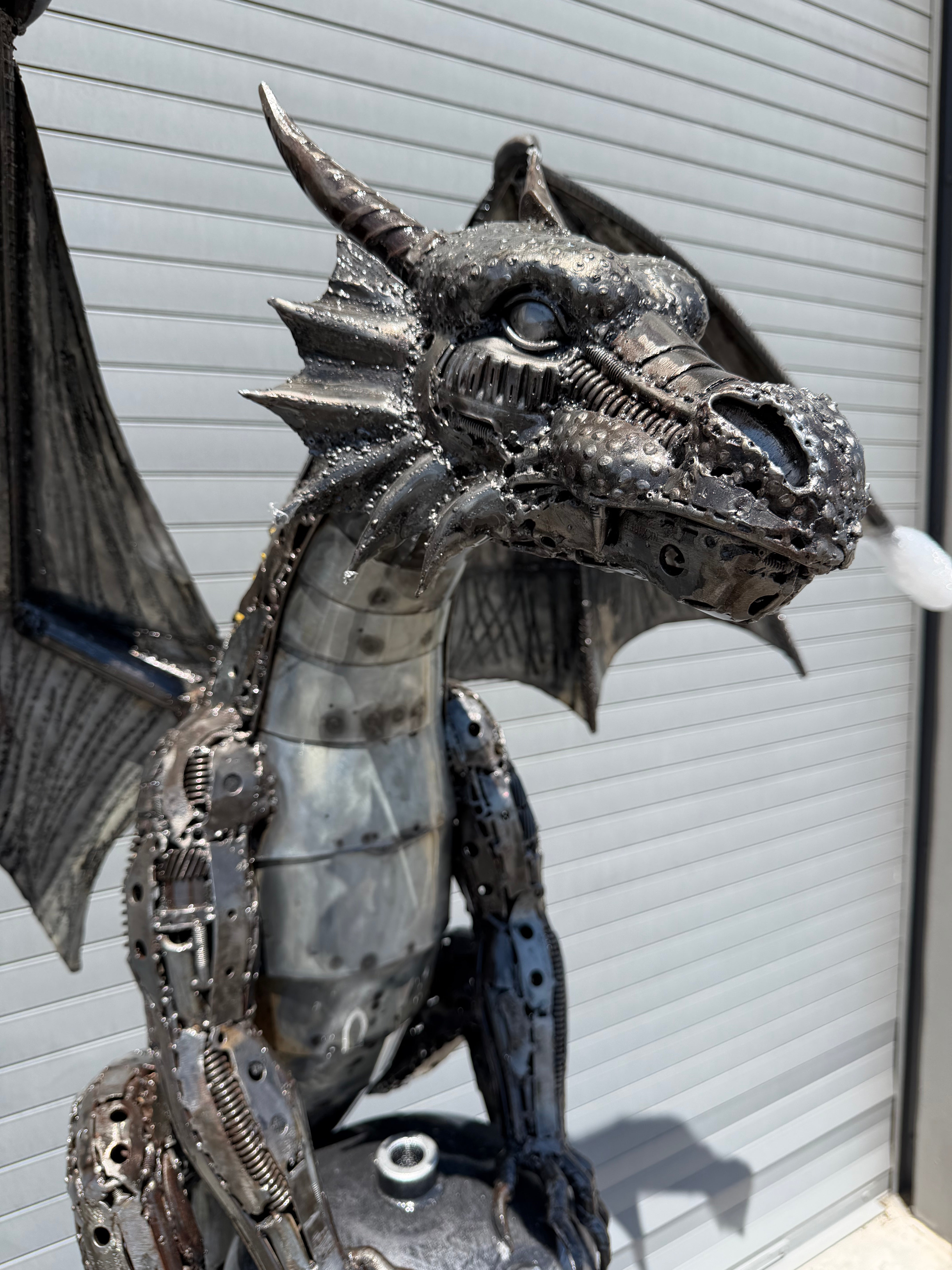 Sitting Dragon Recycled Metal Sculpture - 6.5 ft tall