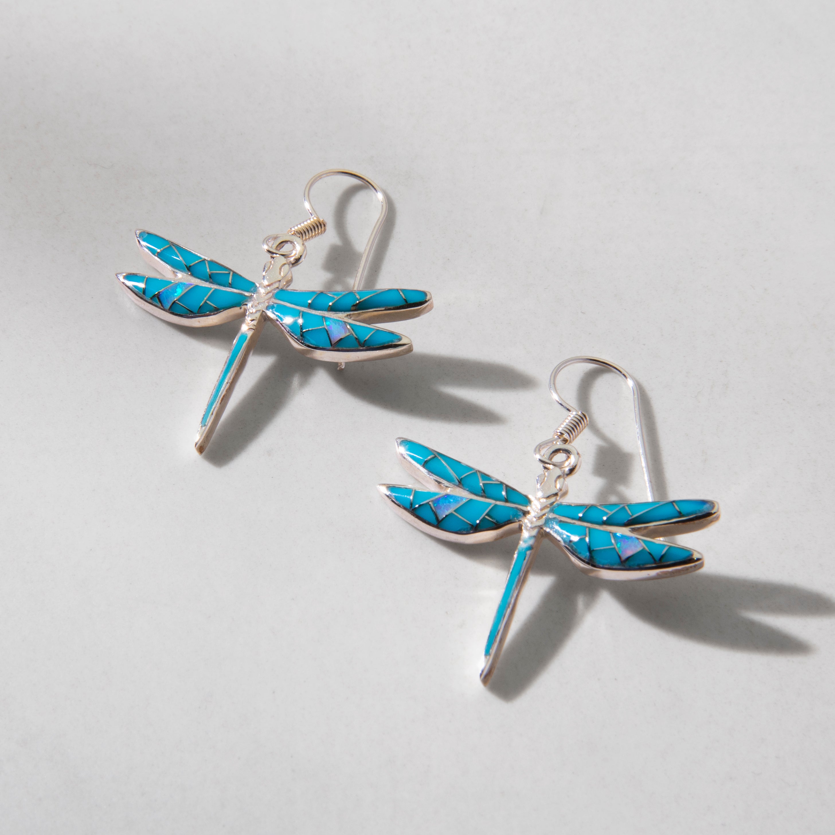 Turquoise Dragonfly 925 Sterling Silver Earring with French Hook USA Handmade with Opal Accent