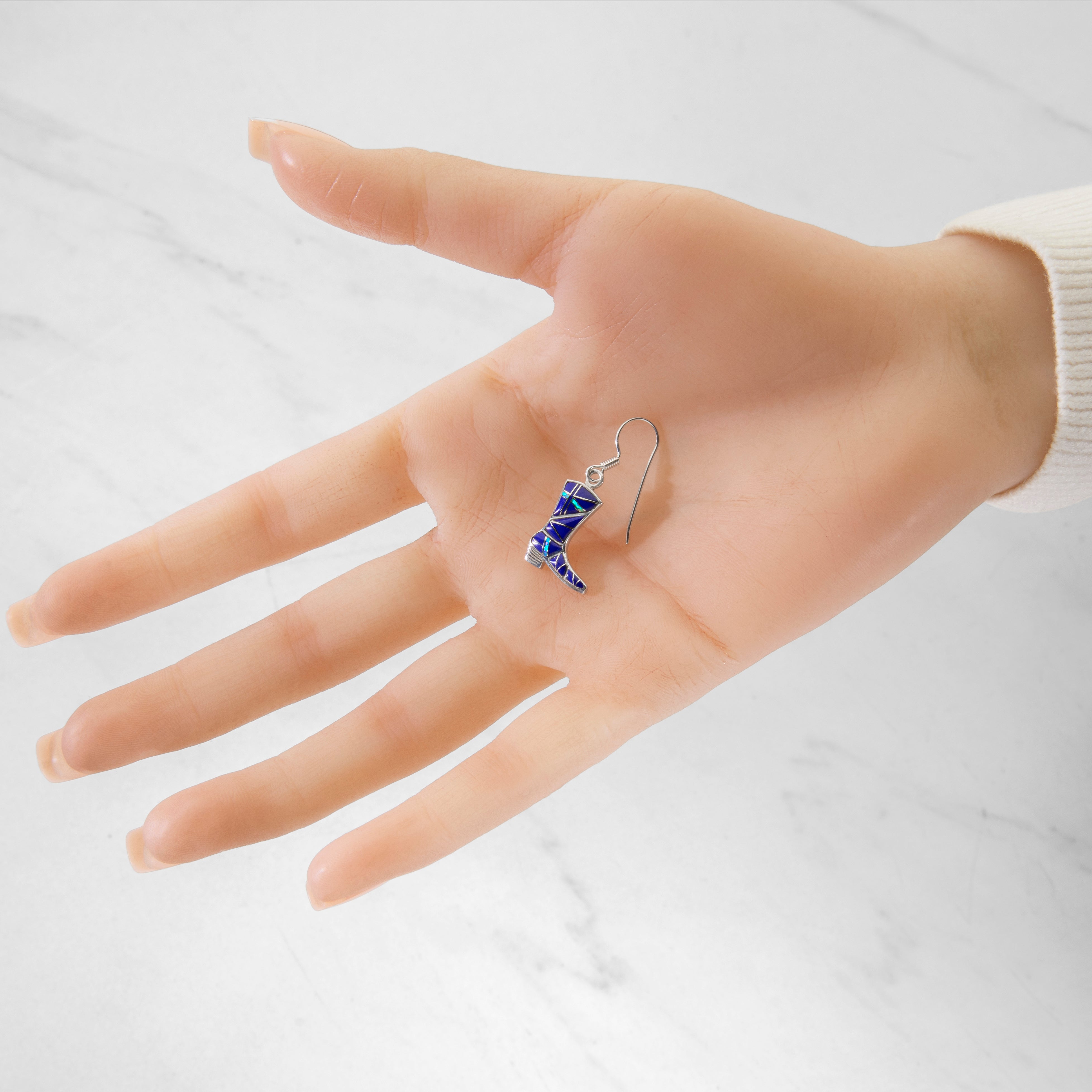 Lapis Boot 925 Sterling Silver Earring with French Hook USA Handmade with Opal Accent