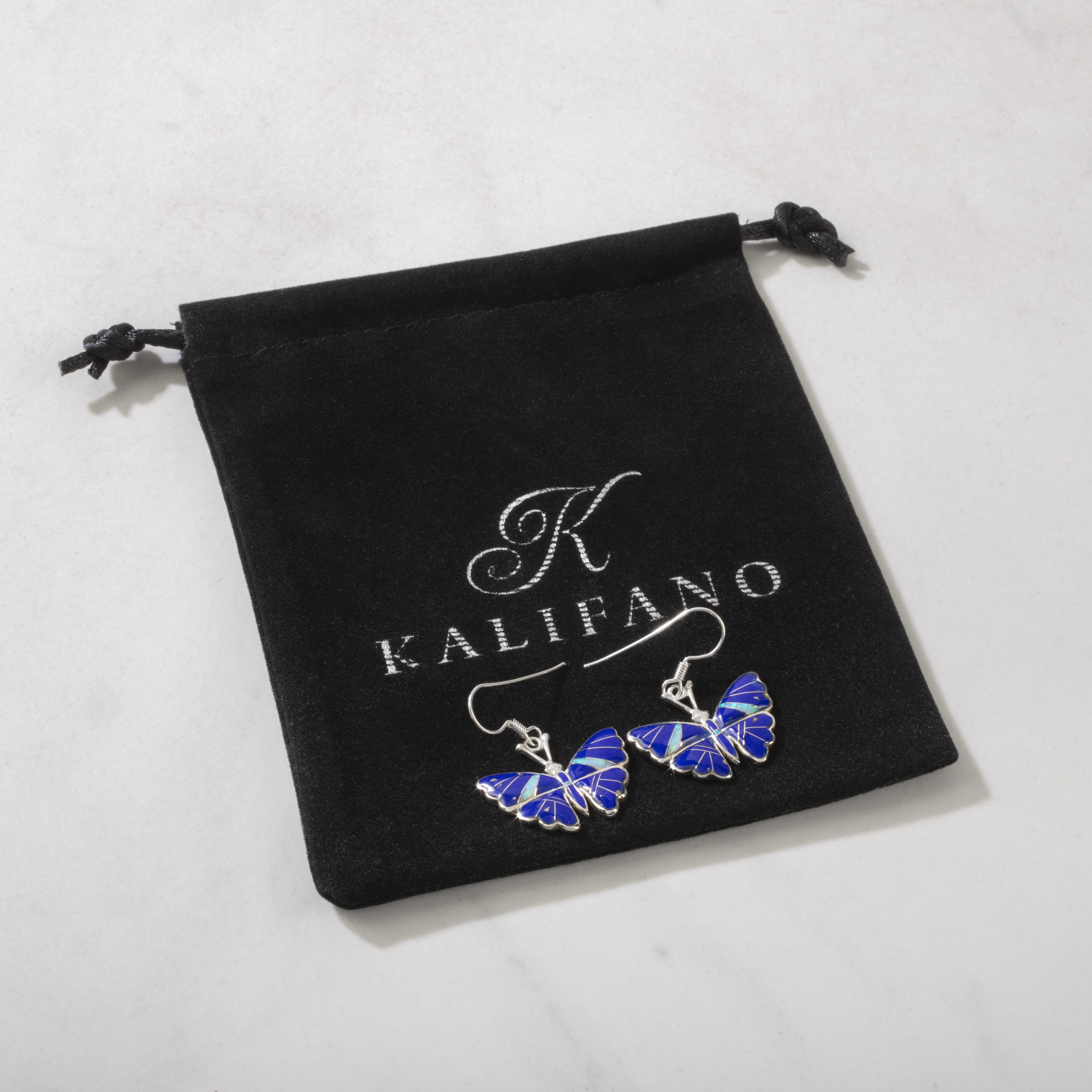 Lapis Butterfly Sterling Silver Earrings with French Hook USA Handmade with Opal Accent