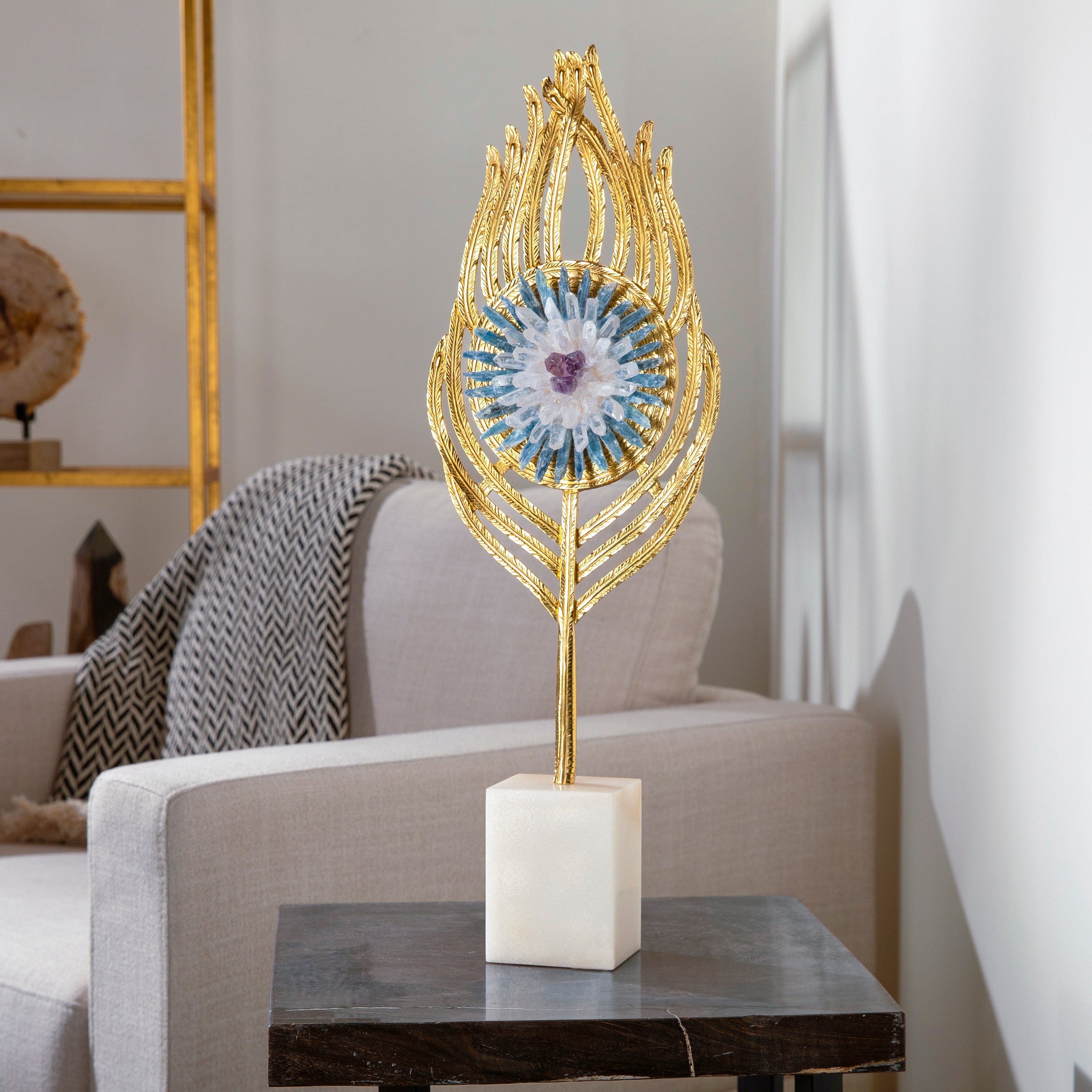 KALIFANO Crystal Home Decor Boho Flower with Kyanite, Quartz, and Amethyst on Brass and Marble Stand HG1334B-MT
