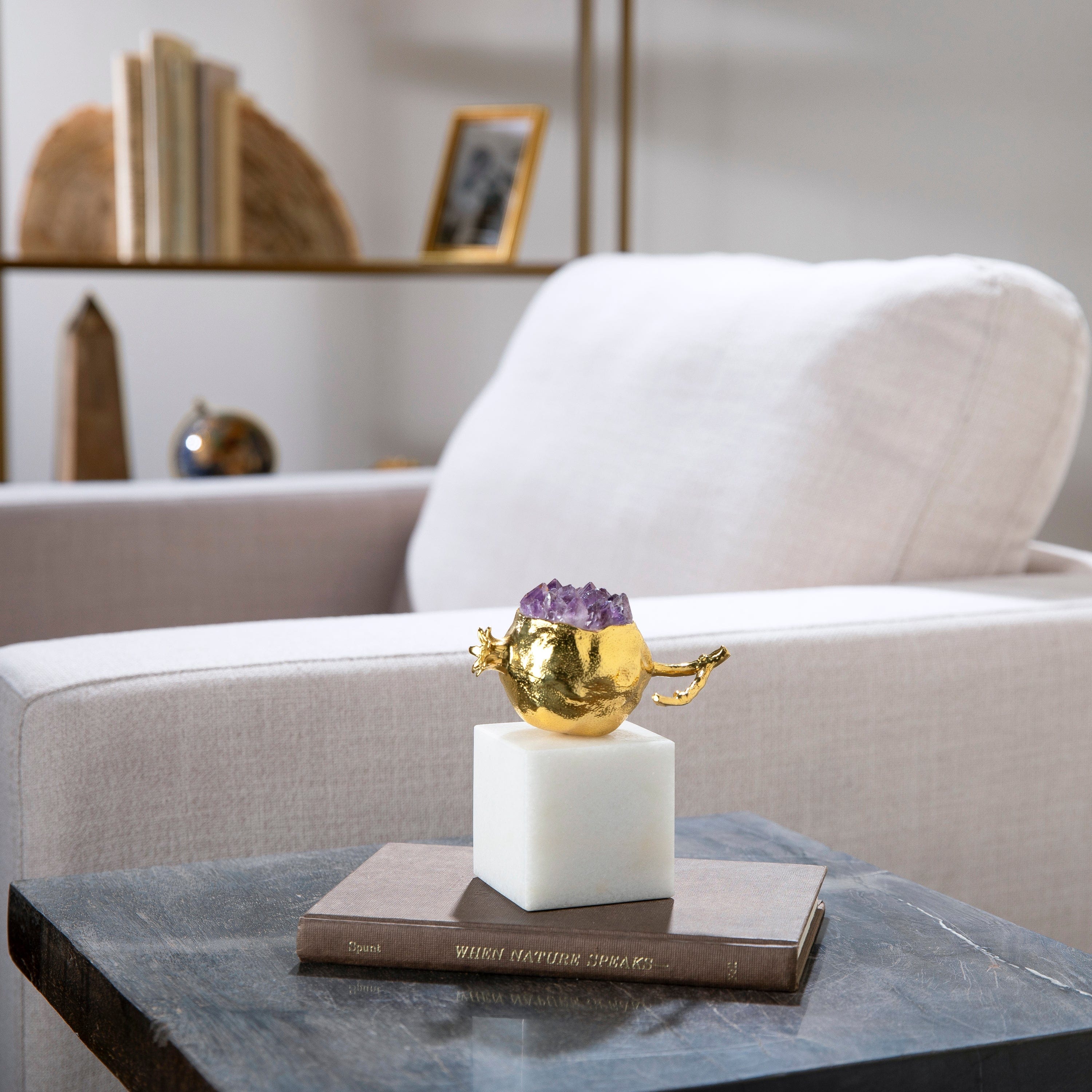 KALIFANO Crystal Home Decor Brass Amethyst Pomegranite on Marble Base HG1583B-AM