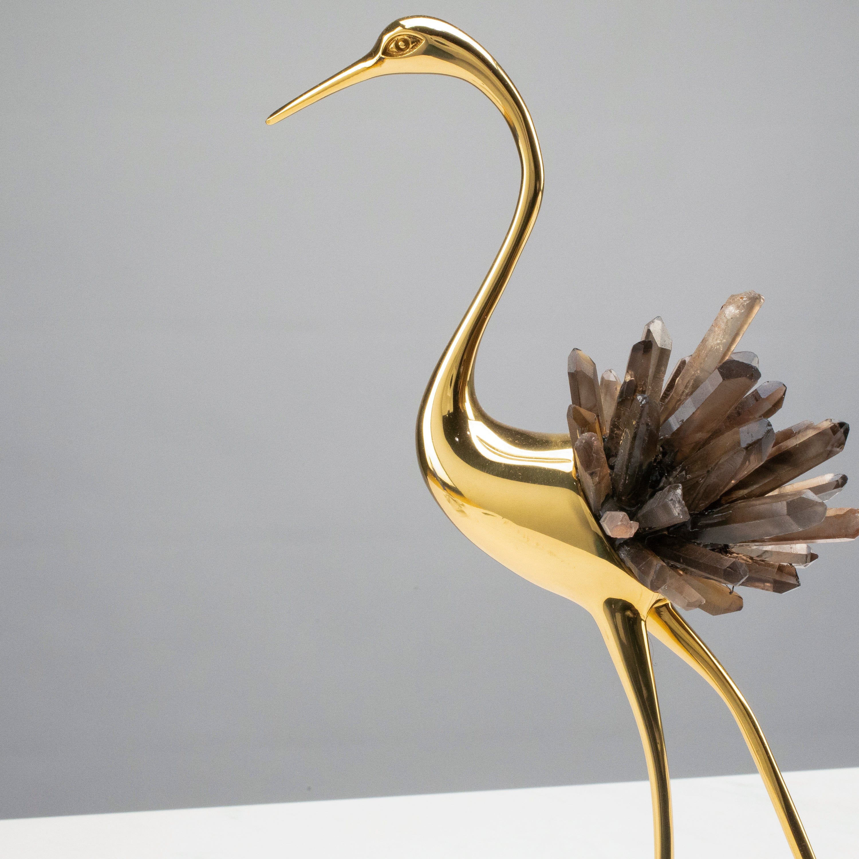 KALIFANO Crystal Home Decor Brass Flamingo with Smoky Quartz Cluster on Marble Stand HG1343B-SQ