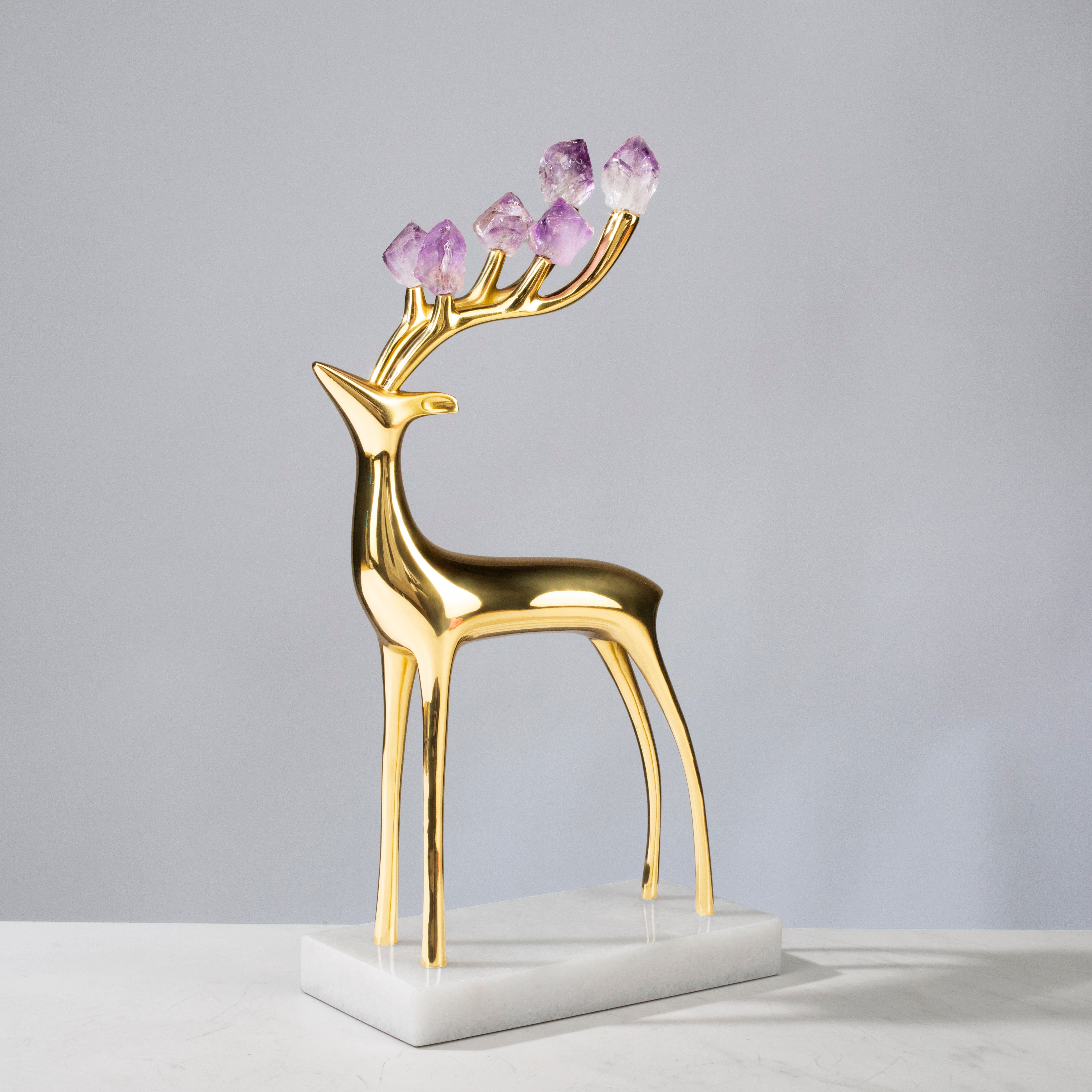 KALIFANO Crystal Home Decor Brass Reindeer with Amethyst Antlers on Marble Base HG1740B-AM
