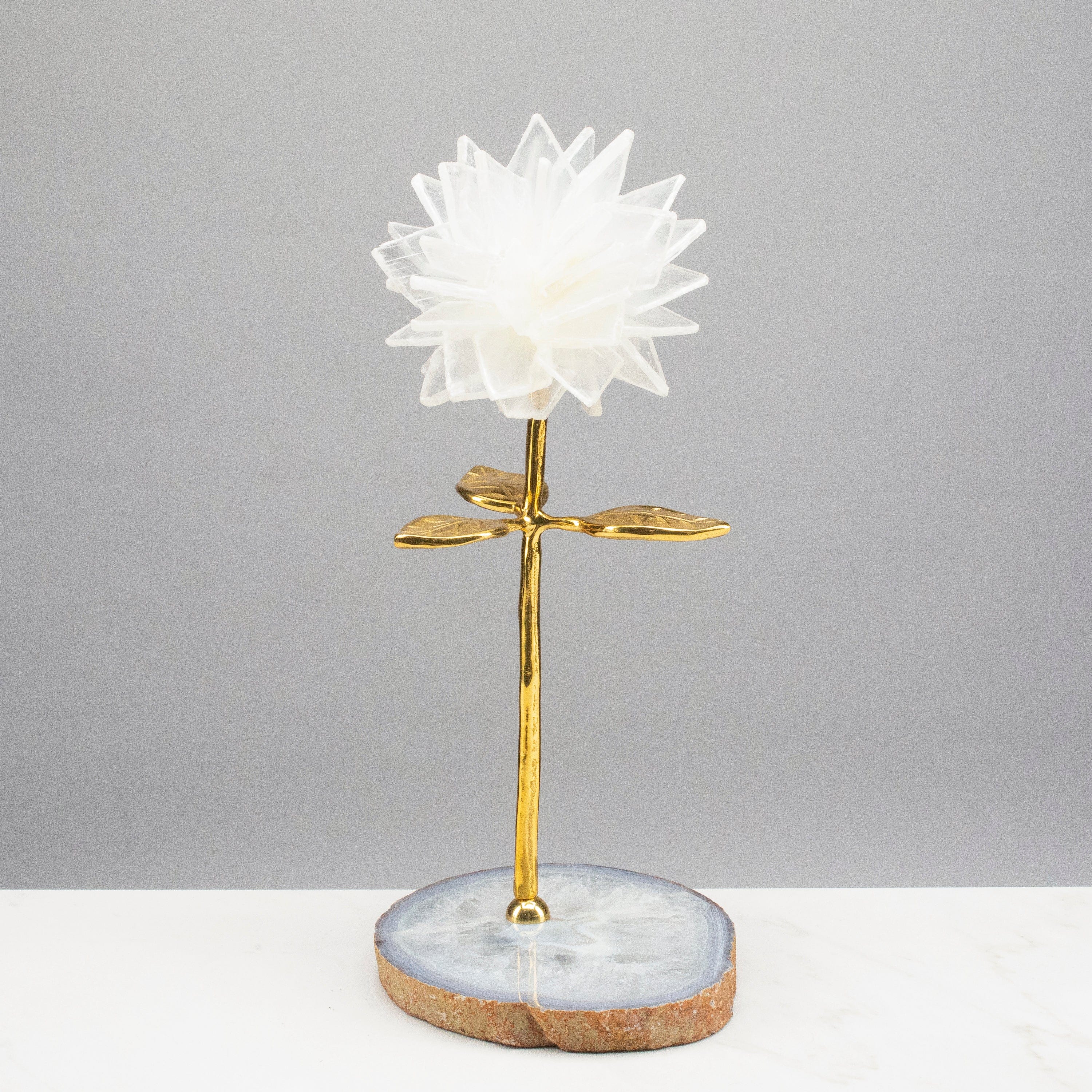 KALIFANO Crystal Home Decor Calcite Flower with Brass Stem on Agate Base HG638B-SL