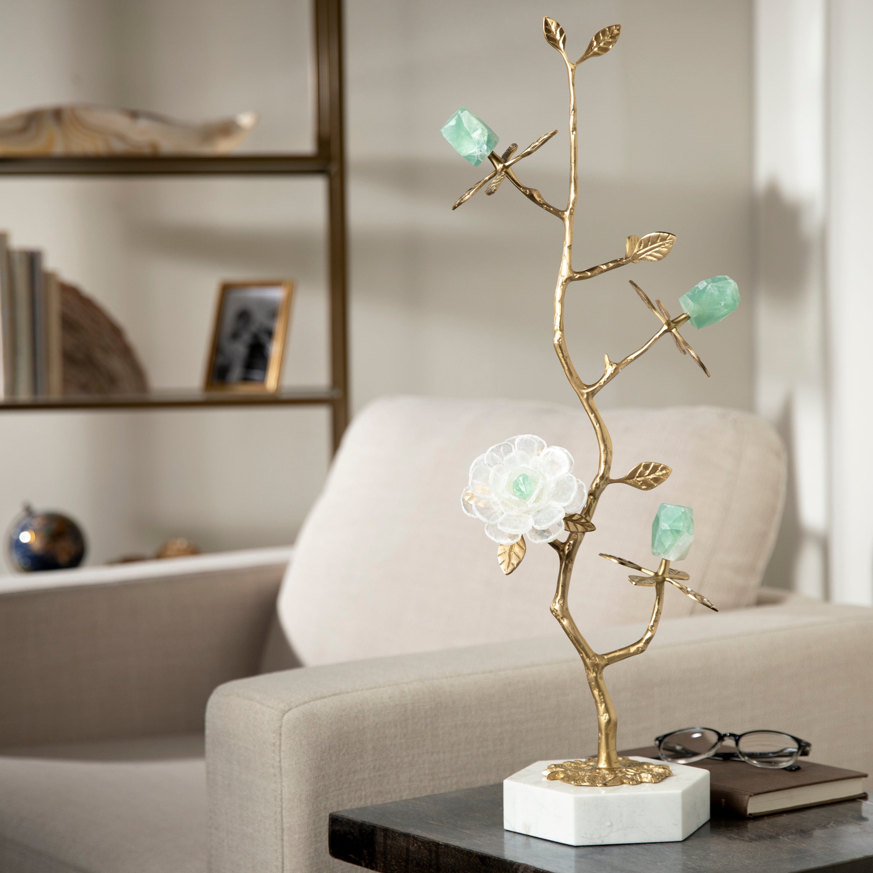 KALIFANO Crystal Home Decor Calcite & Fluorite Flower Boquet on Marble Base HG1197-FL