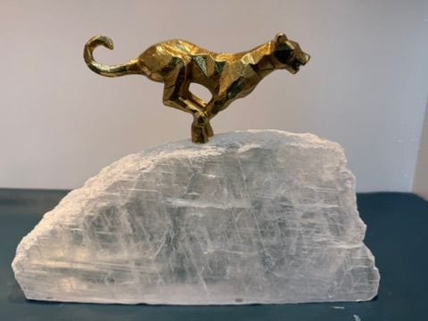 Jumping Brass Jaguar on Selenite Base
