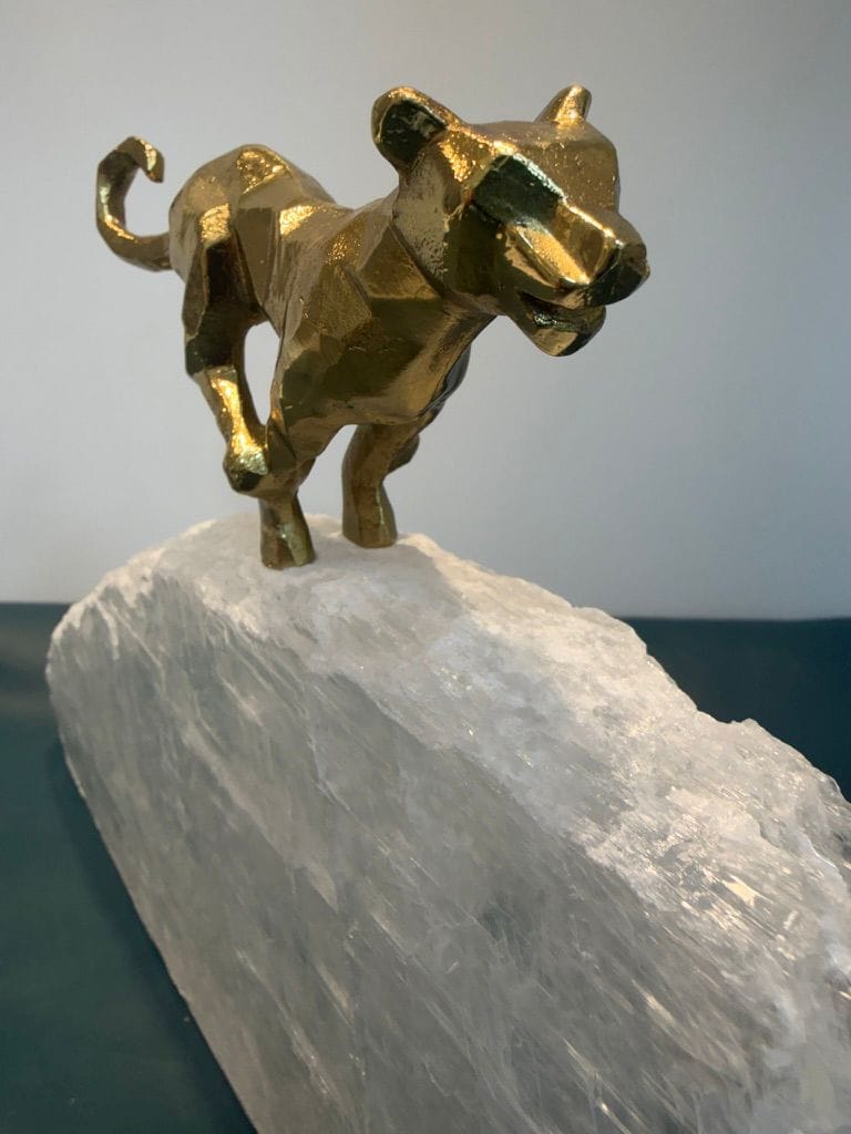 Jumping Brass Jaguar on Selenite Base