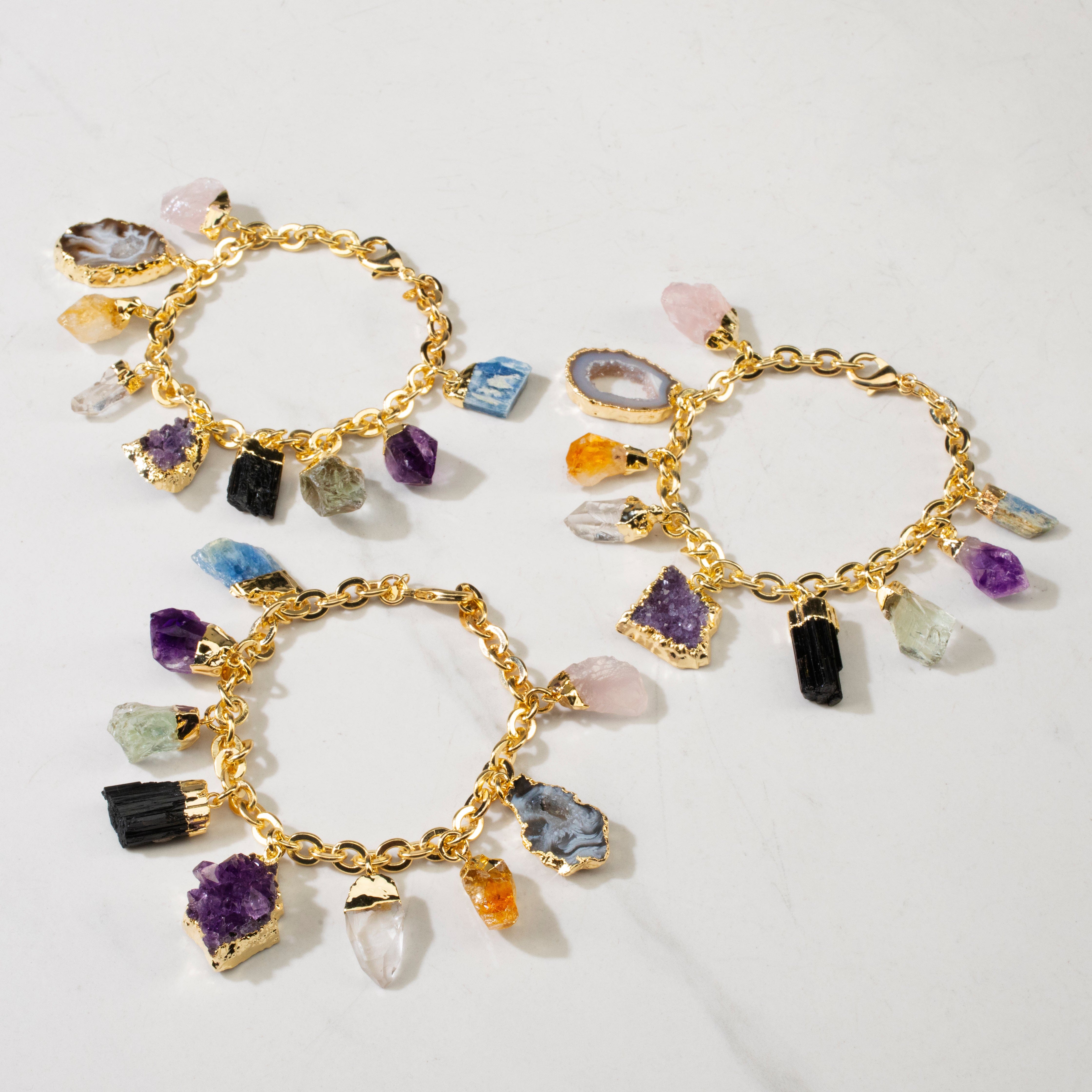 Kalifano Crystal Jewelry 9 Stone Gold Tone Multi-Gem Charm Bracelet CJB-1023-MT