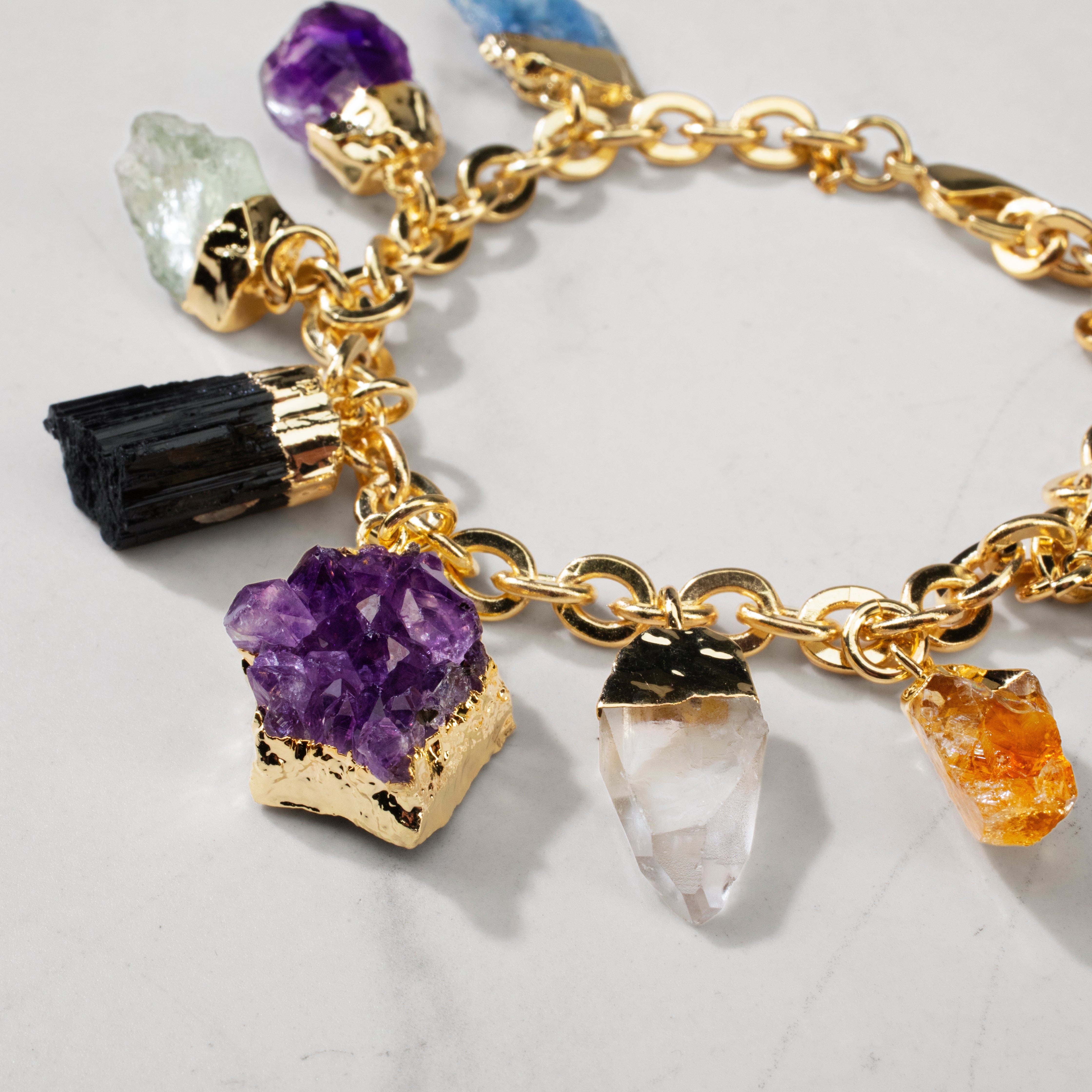 Kalifano Crystal Jewelry 9 Stone Gold Tone Multi-Gem Charm Bracelet CJB-1023-MT