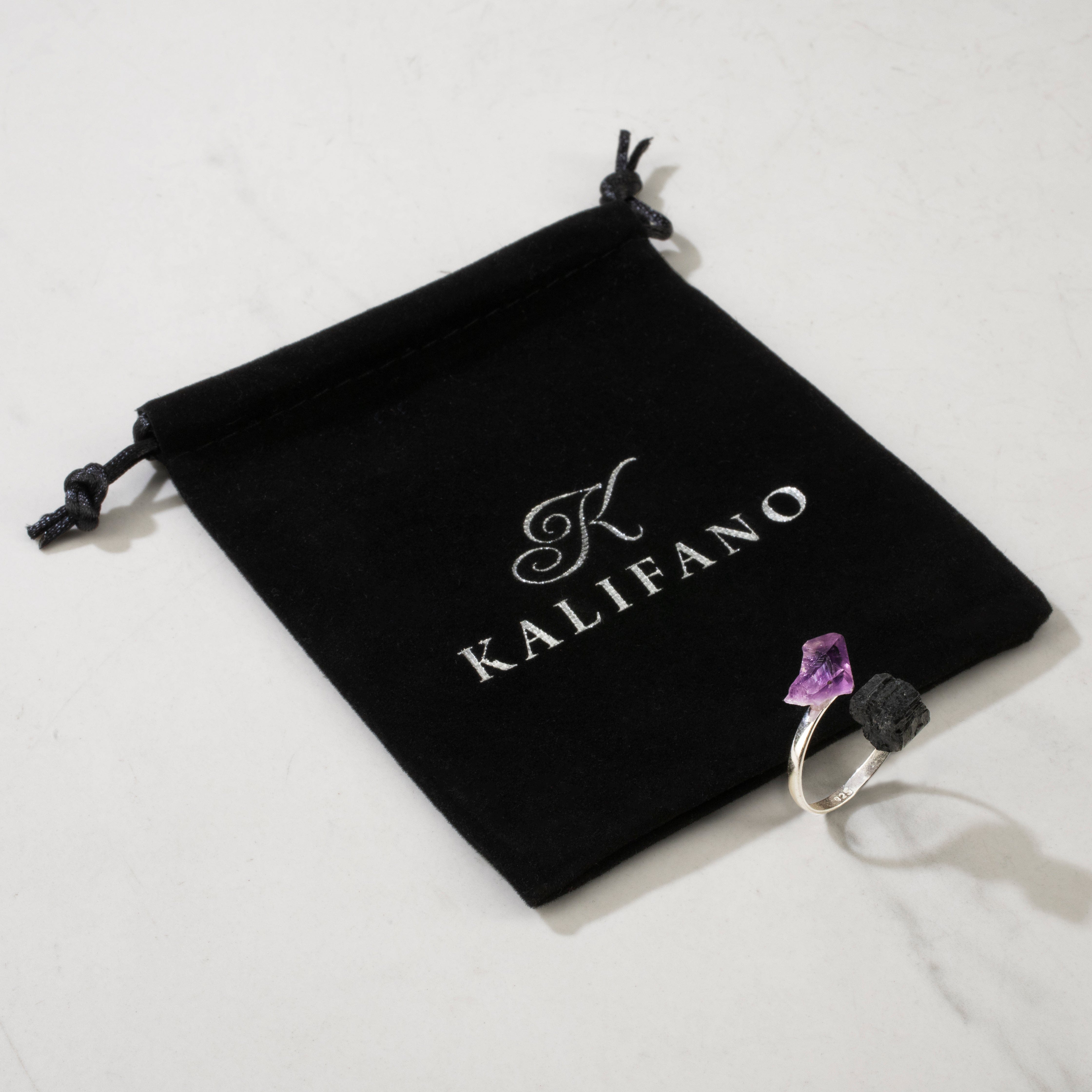 KALIFANO Crystal Jewelry Amethyst & Black Tourmaline Adjustable Sterling Silver Ring CJR-SS-AM+BT