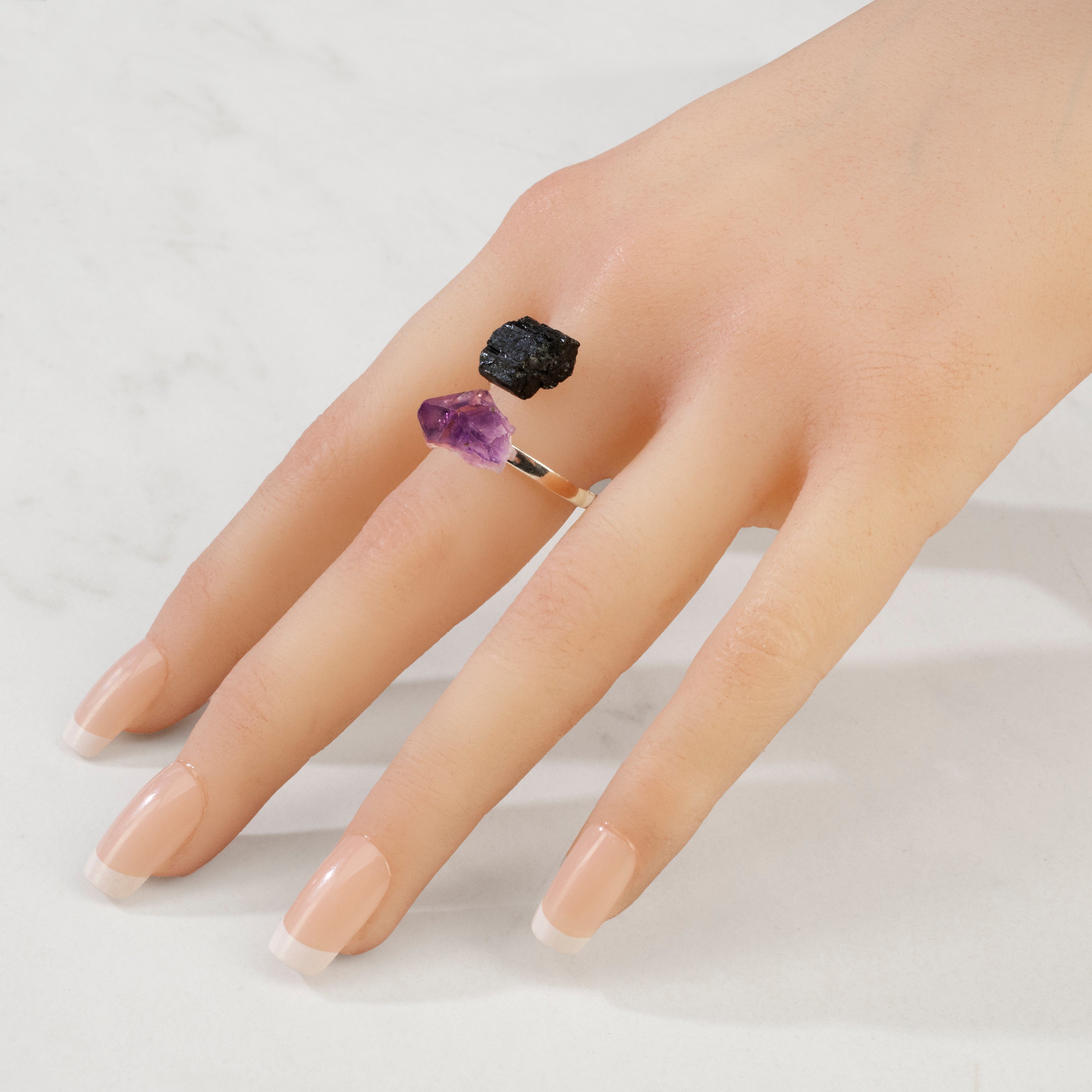 KALIFANO Crystal Jewelry Amethyst & Black Tourmaline Adjustable Sterling Silver Ring CJR-SS-AM+BT