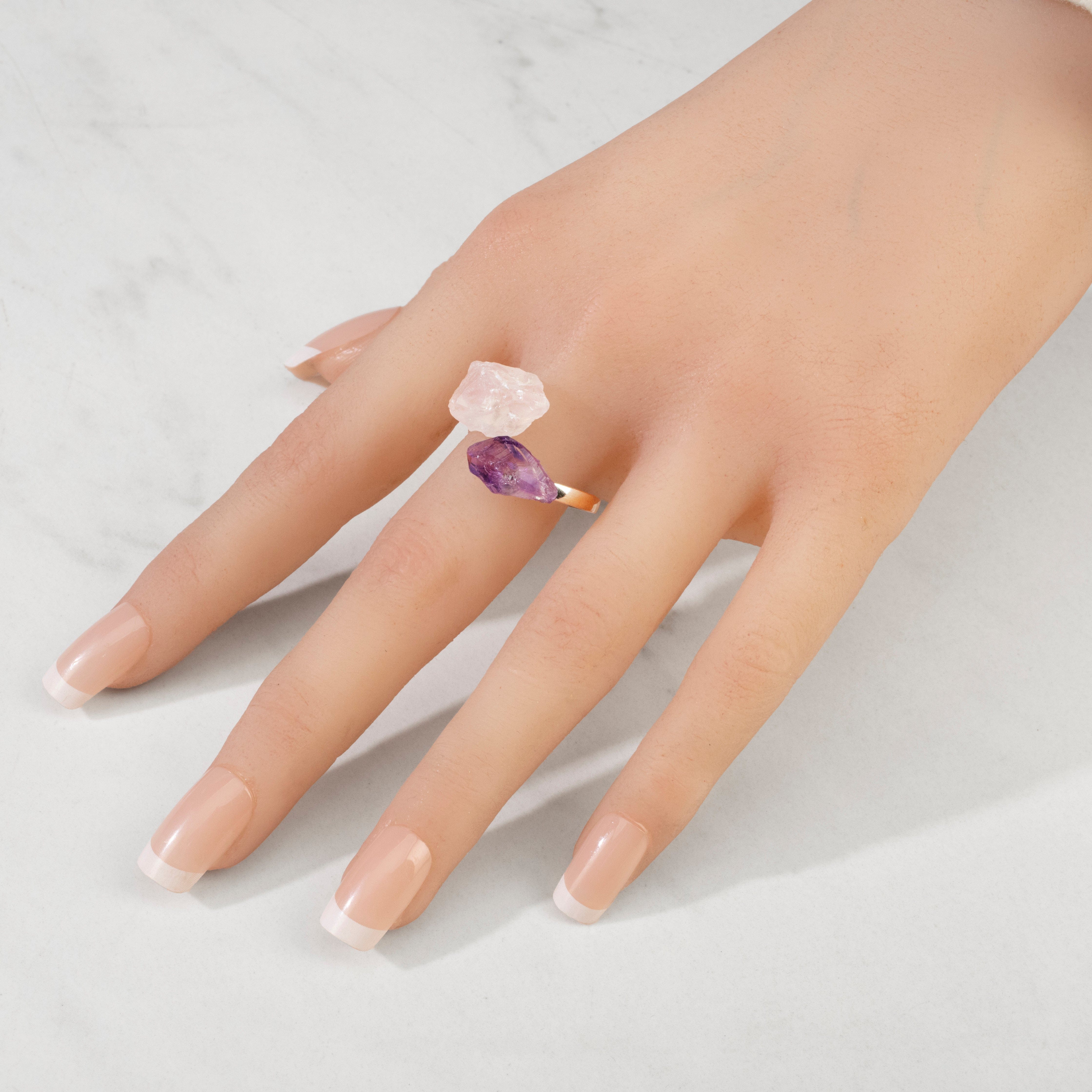 KALIFANO Crystal Jewelry Amethyst & Rose Quartz Adjustable Sterling Silver Ring CJR-SS-AM+RQ