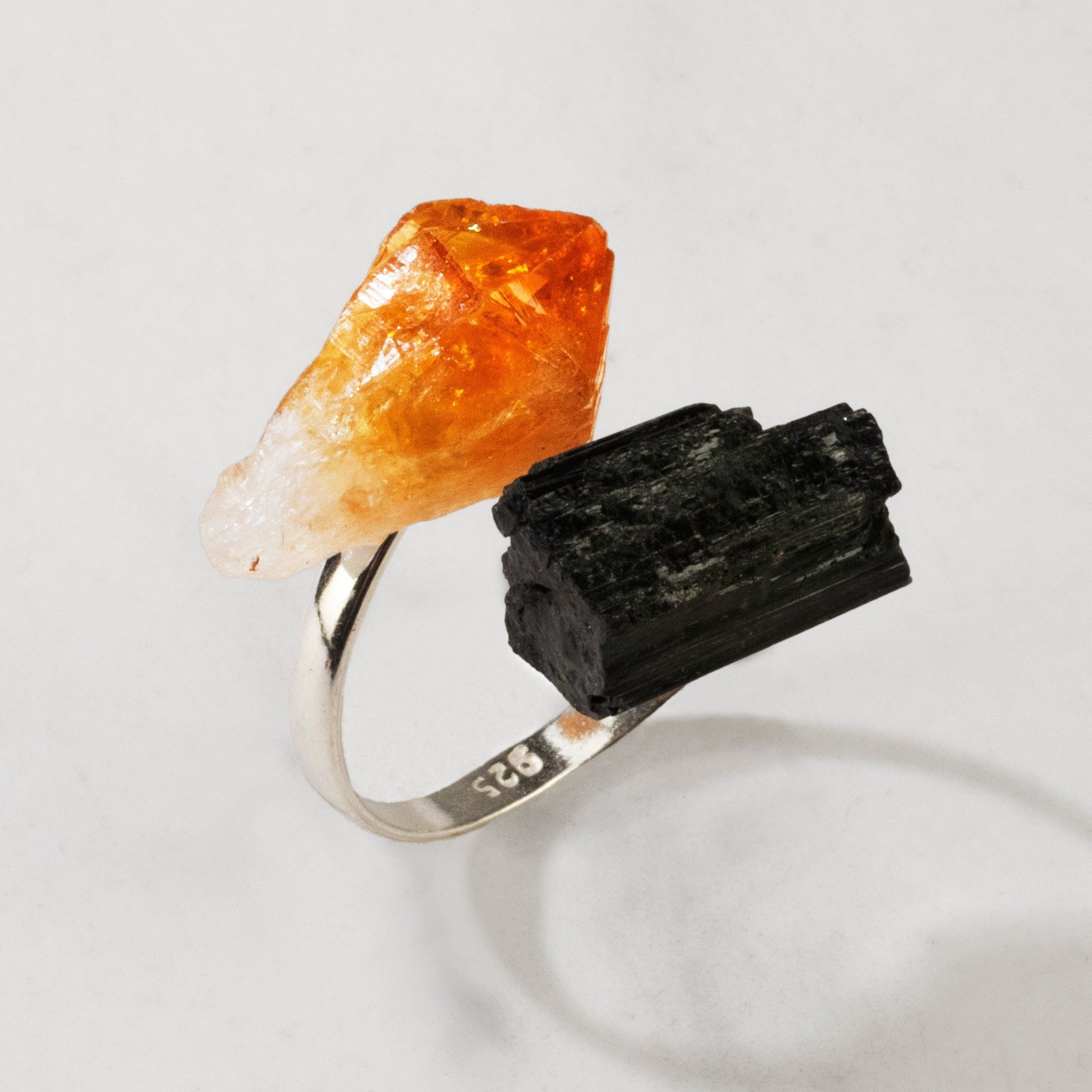 KALIFANO Crystal Jewelry Citrine & Black Tourmaline Adjustable Sterling Silver Ring CJR-SS-CT+BT