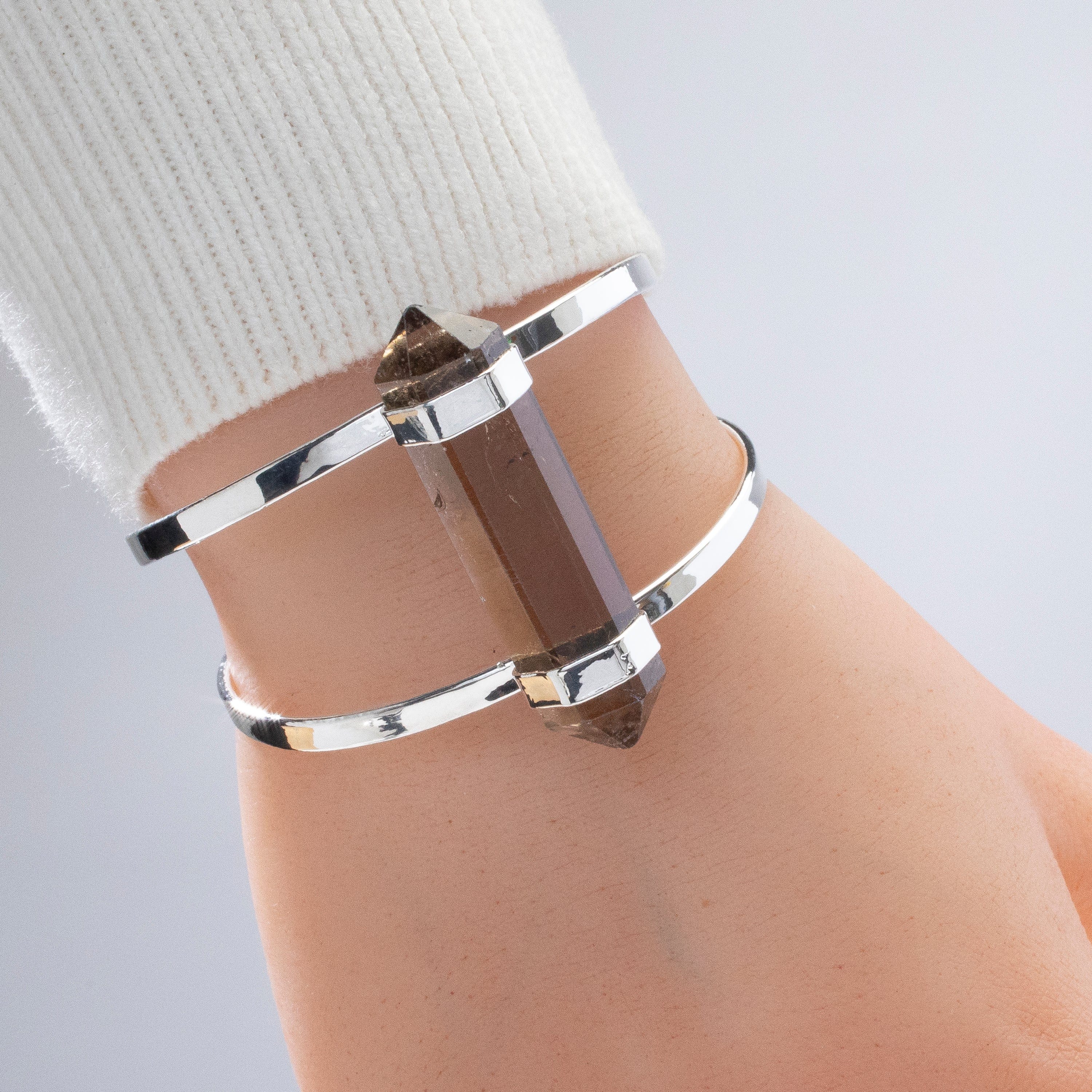 Kalifano Crystal Jewelry Double Terminated Smoky Quartz Silver Cuff Bracelet CJB-1029-SQ