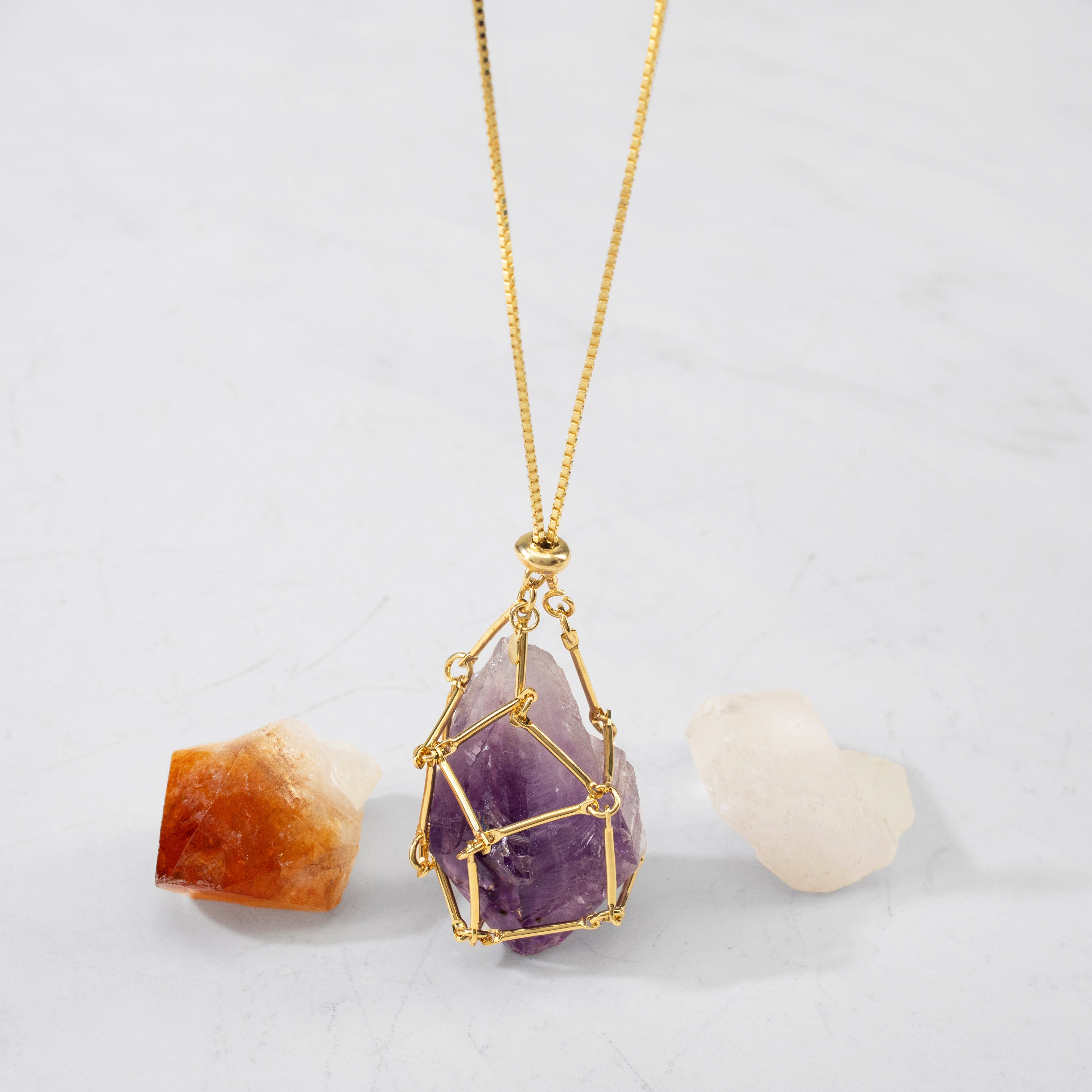 KALIFANO Crystal Jewelry Interchangeable Citrine, Amethyst & Quartz Basket Necklace CJN.CBN