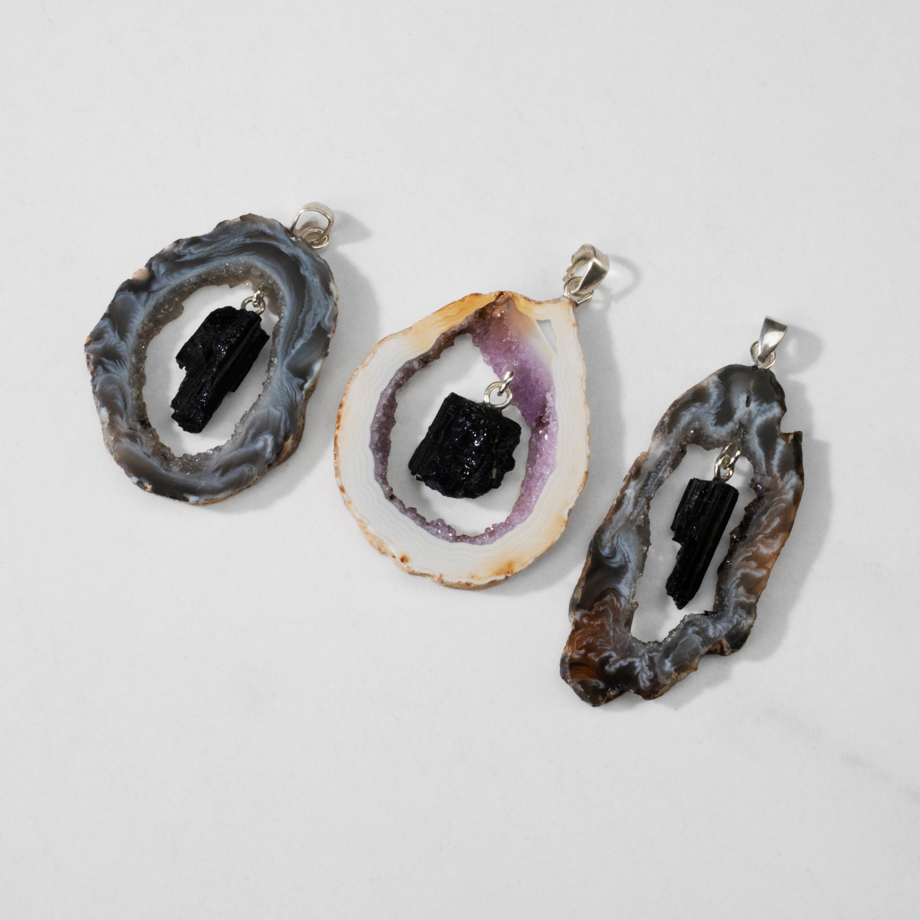 KALIFANO Crystal Jewelry Sterling Silver Agate Pendant with Black Tourmaline Centerpiece CJN-SILV-AG+BT