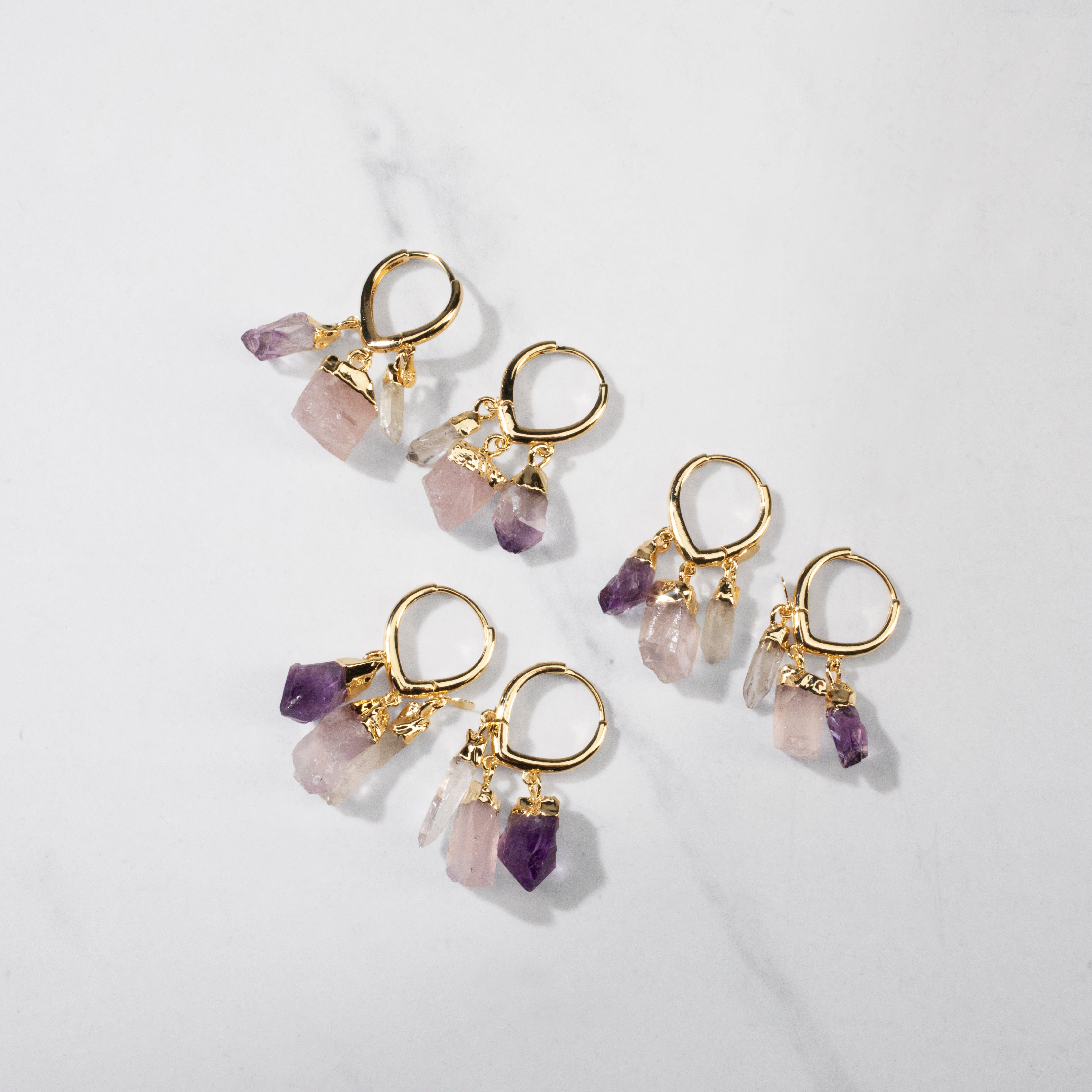 KALIFANO Earrings Amethyst, Rose Quartz, and Quartz Hoop Earrings CJE-1546-AM+CT+QZ