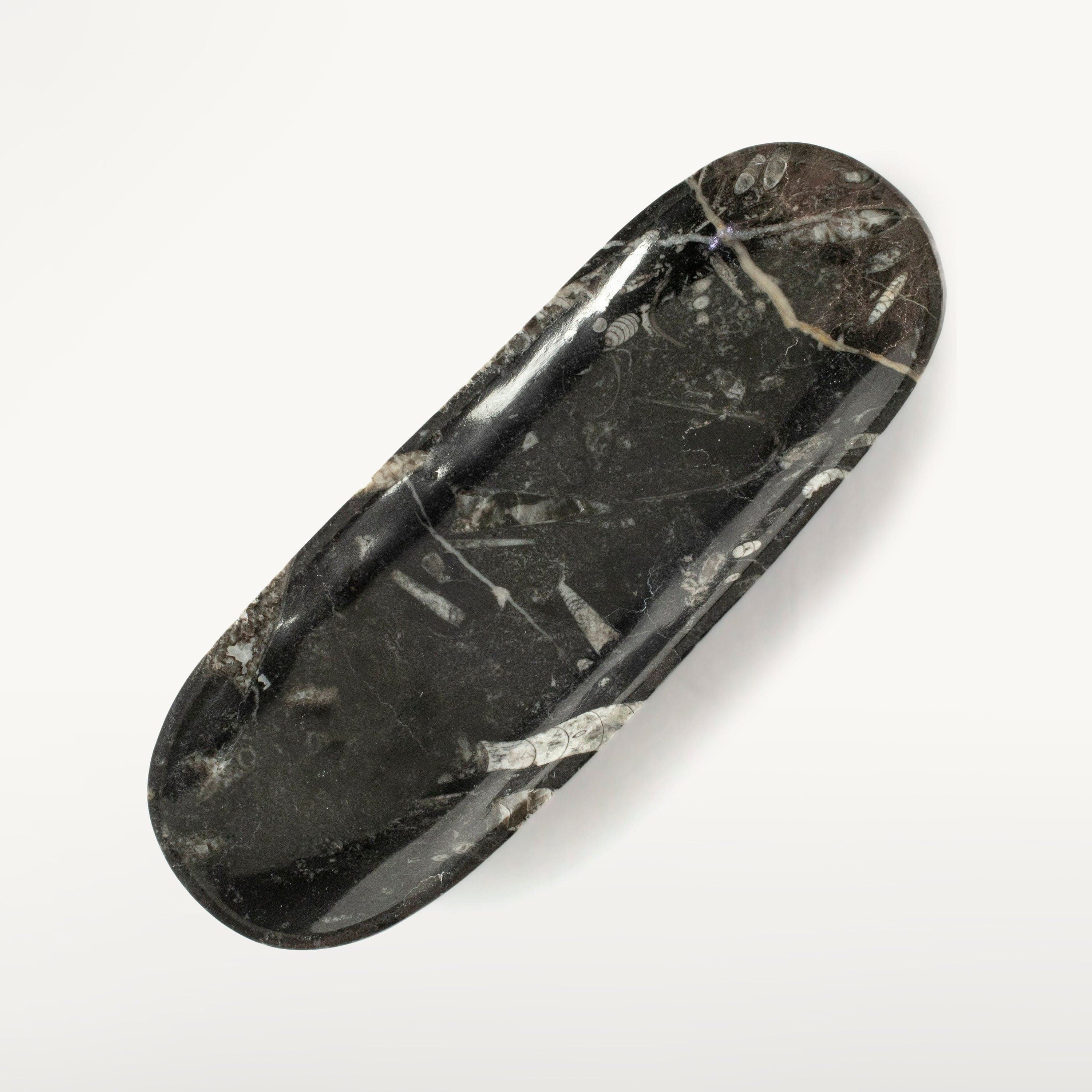 Kalifano Fossils & Minerals Natural Black Orthoceras Long Oval Bowl from Morocco- 12" BORO240
