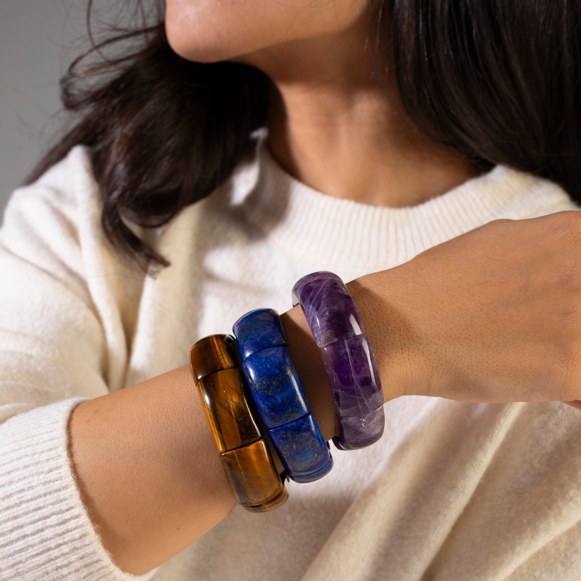 Kalifano Gemstone Bracelets 30mm Lapis Lazuli Stretch Bangle BLACK-BGP-055