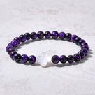 6mm Purple Tiger Eye Stretch Bracelet with Mother of Pearl Clover