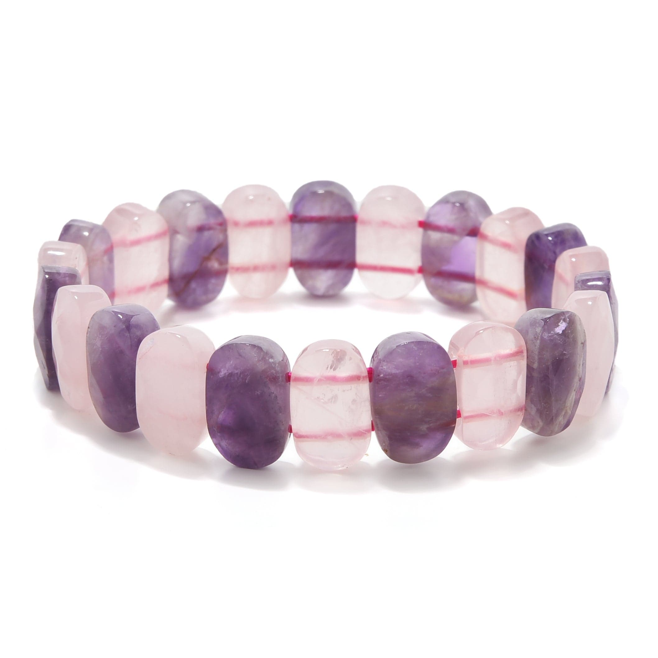 Kalifano Gemstone Bracelets Amethyst and Rose Quartz 14mm Gemstone Bead Elastic Bracelet GOLD-BGP-095