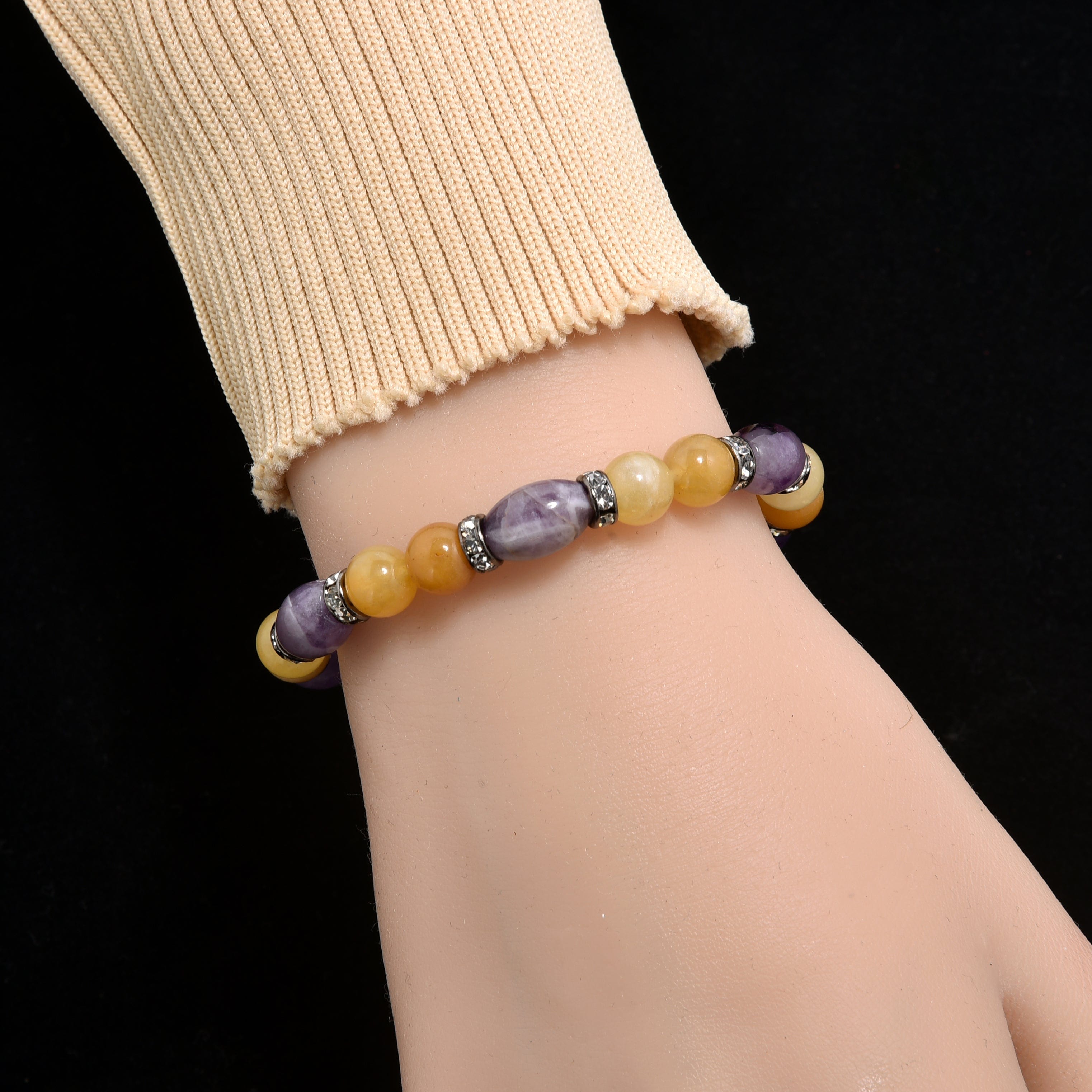 Kalifano Gemstone Bracelets Amethyst and Yellow Jade with Crystal Accent 8mm Beads Gemstone Elastic Bracelet BLUE-BGP-062