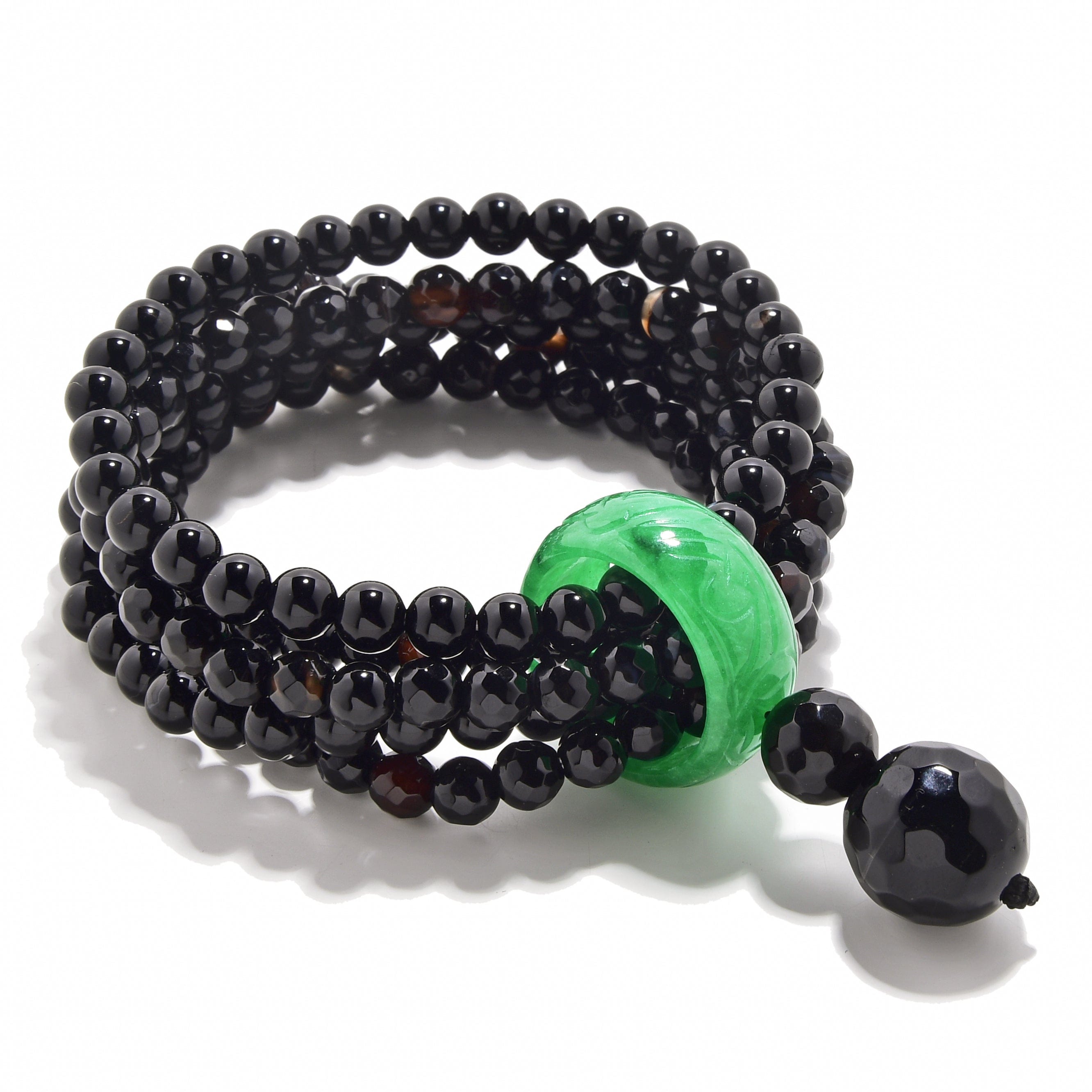 Kalifano Gemstone Bracelets Black Enhanced 6mm Agate with Jade Ring Gemstone Bead Elastic Bracelet PLAT-BGP-JRBK