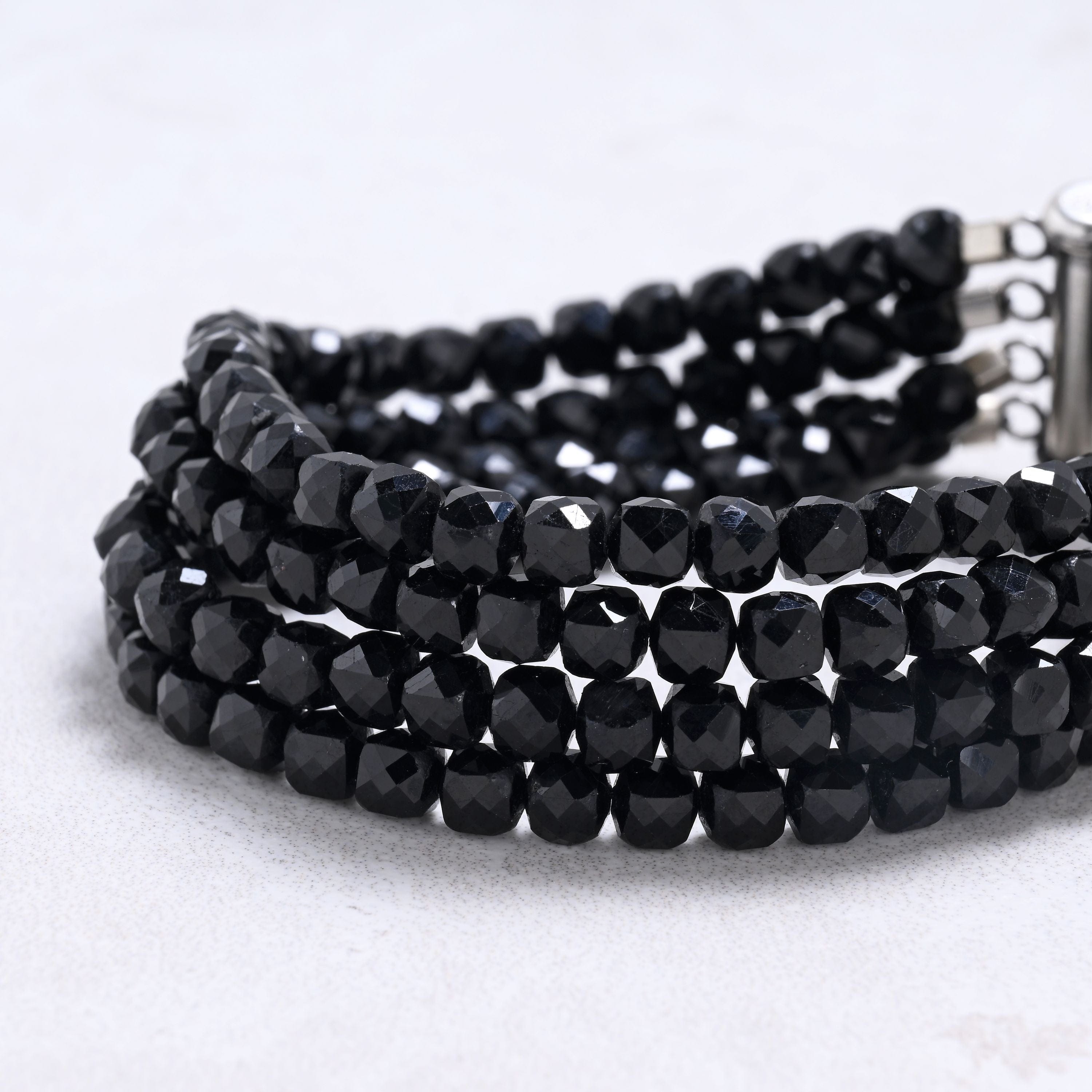Kalifano Gemstone Bracelets Black Tourmaline 4mm Cube Gemstone Bracelet with Sterling Silver Clasp
