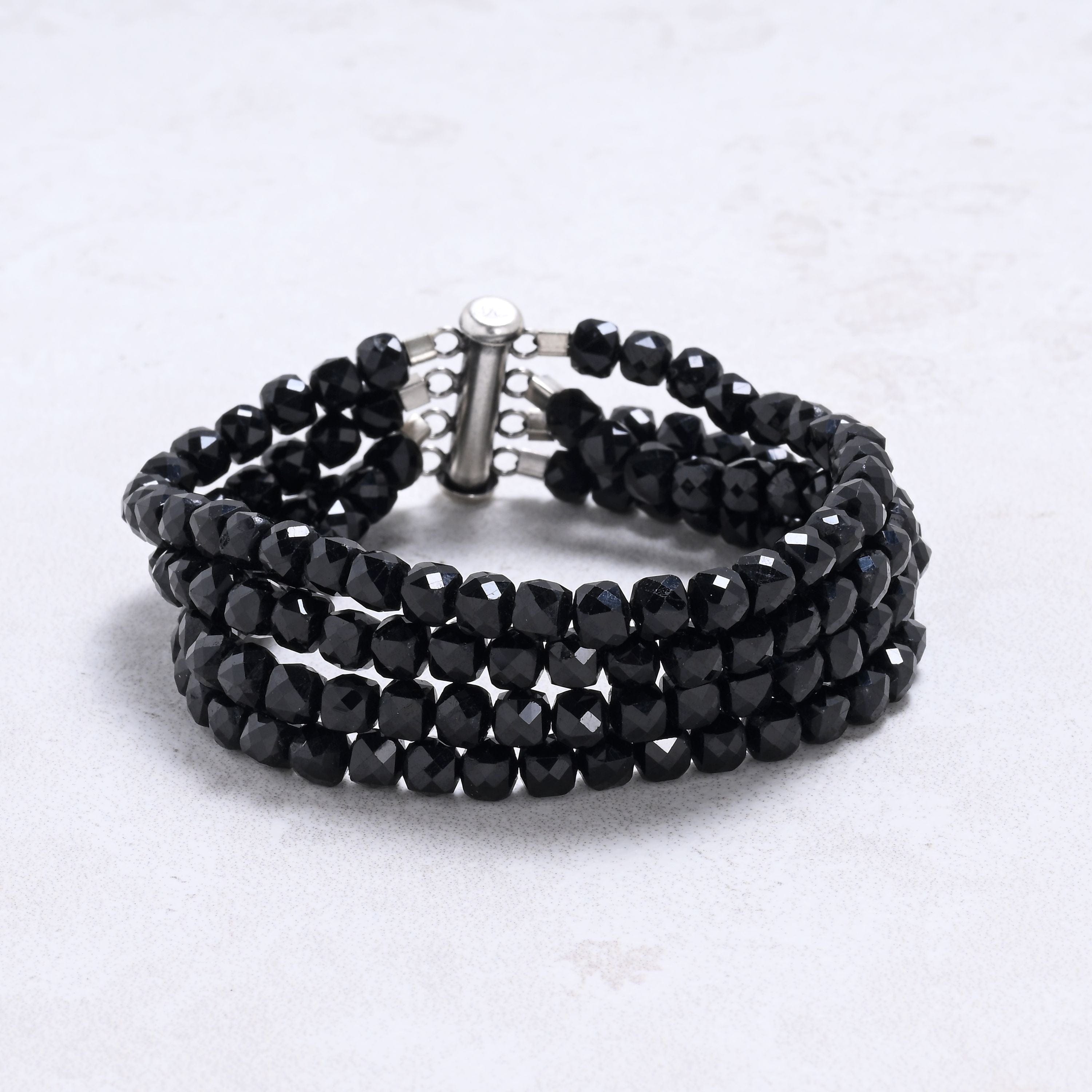 Kalifano Gemstone Bracelets Black Tourmaline 4mm Cube Gemstone Bracelet with Sterling Silver Clasp