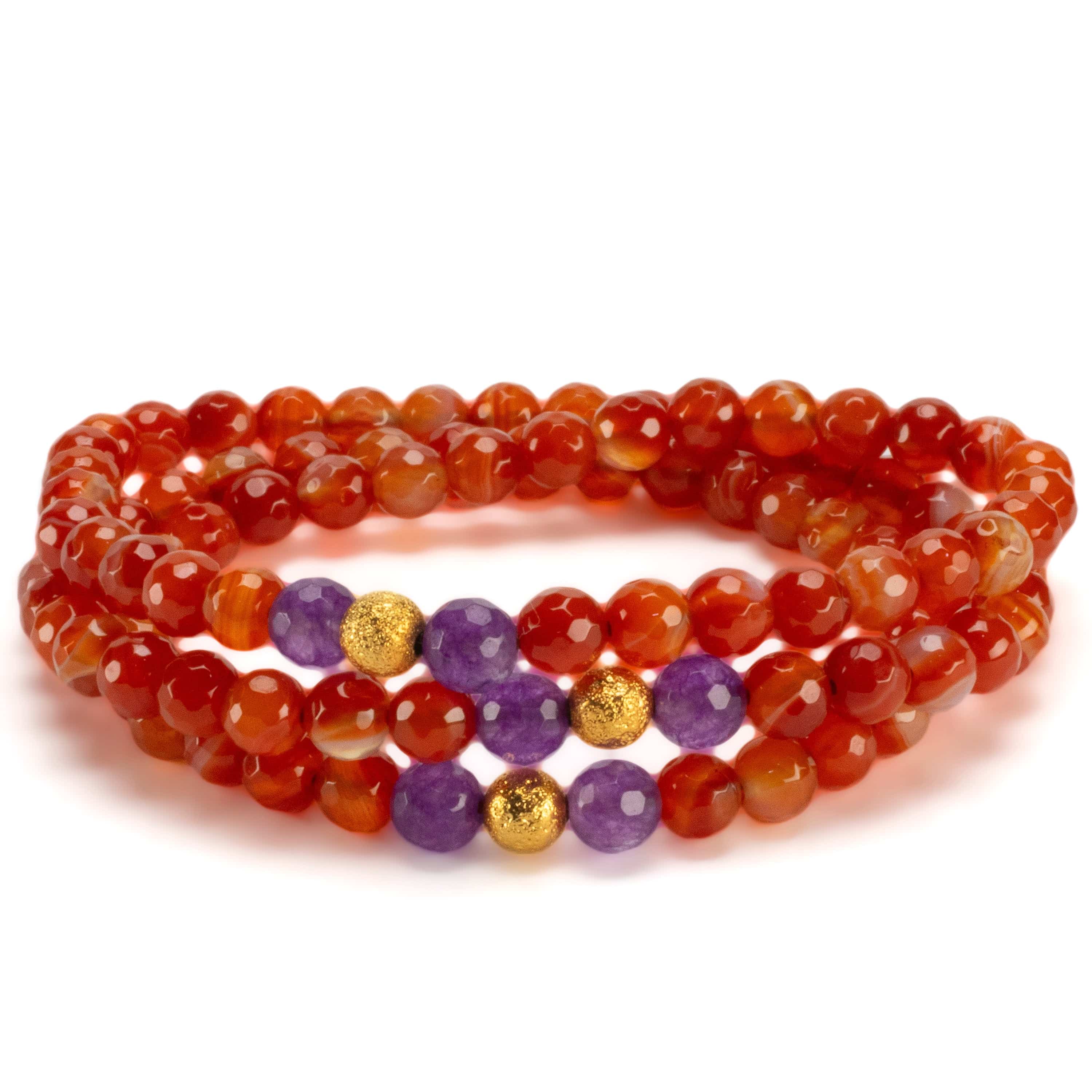 Kalifano Gemstone Bracelets Carnelian Faceted 6mm Beads with Amethyst & Gold Accent Beads Triple Wrap Gemstone Elastic Bracelet WHITE-BGI3-076