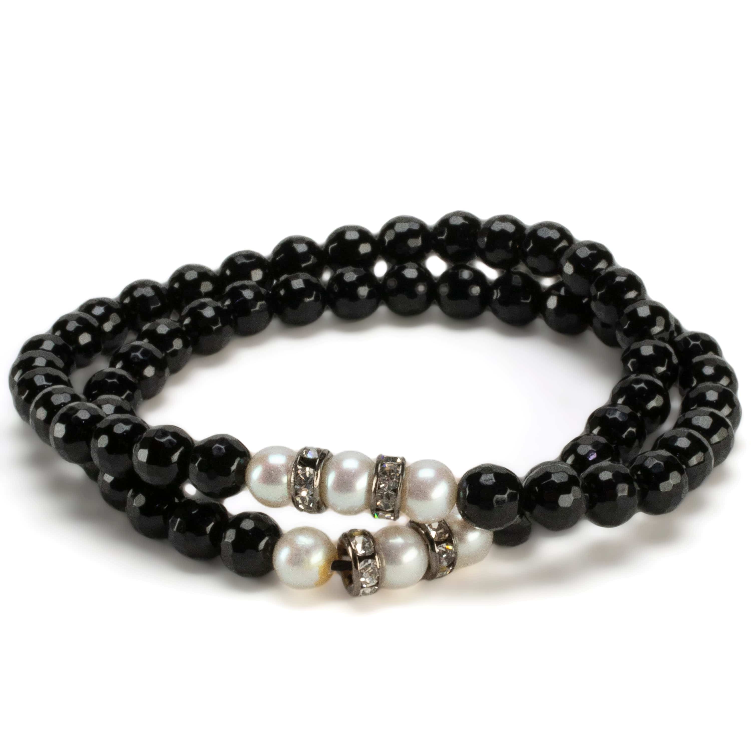 Kalifano Gemstone Bracelets Faceted Black Agate 6mm Beads with Pearl & Silver Accent Beads Double Wrap Elastic Gemstone Bracelet WHITE-BGI2-043