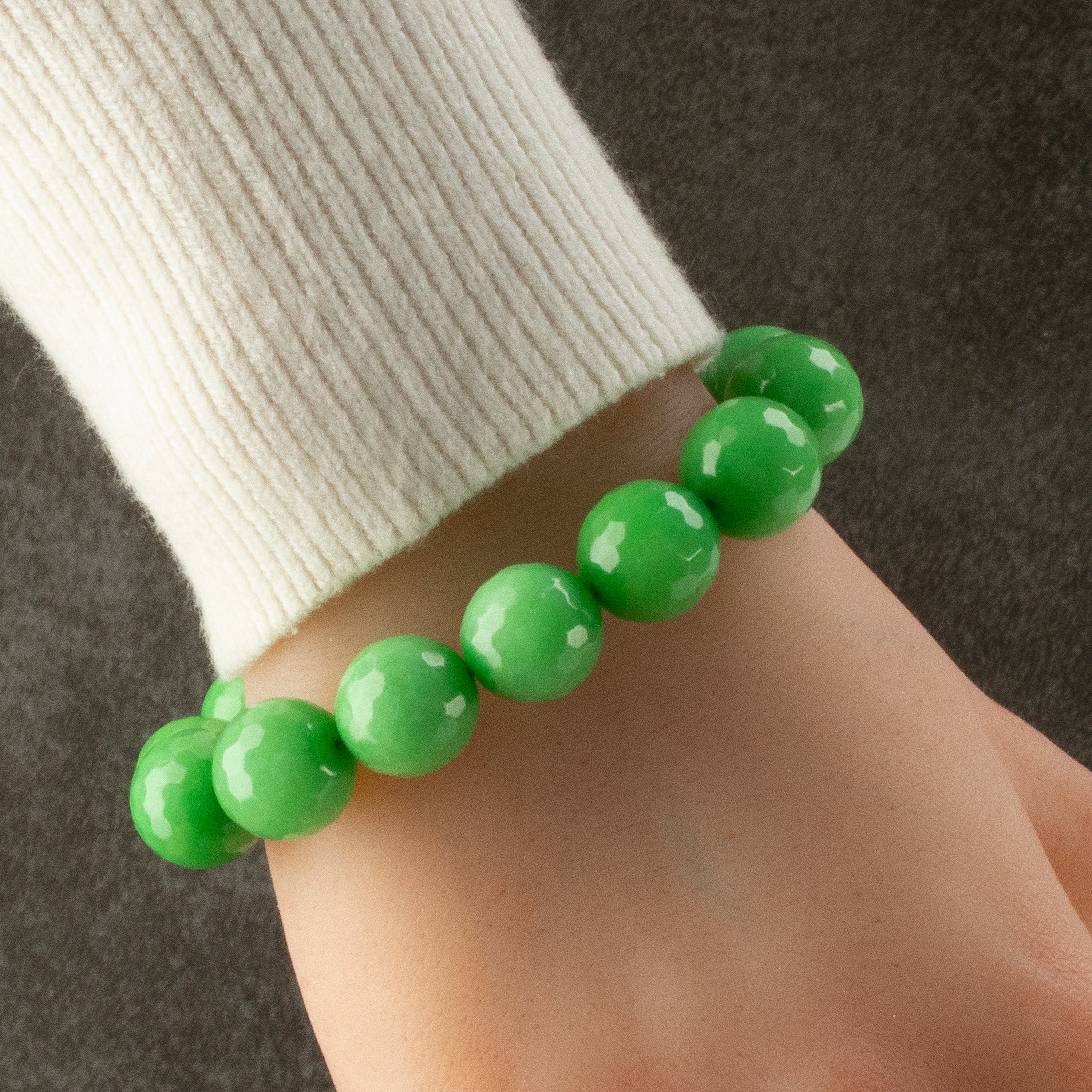 Kalifano Gemstone Bracelets Faceted Green Color Enhanced Jade 14mm Gemstone Bead Elastic Bracelet RED-BGP-061