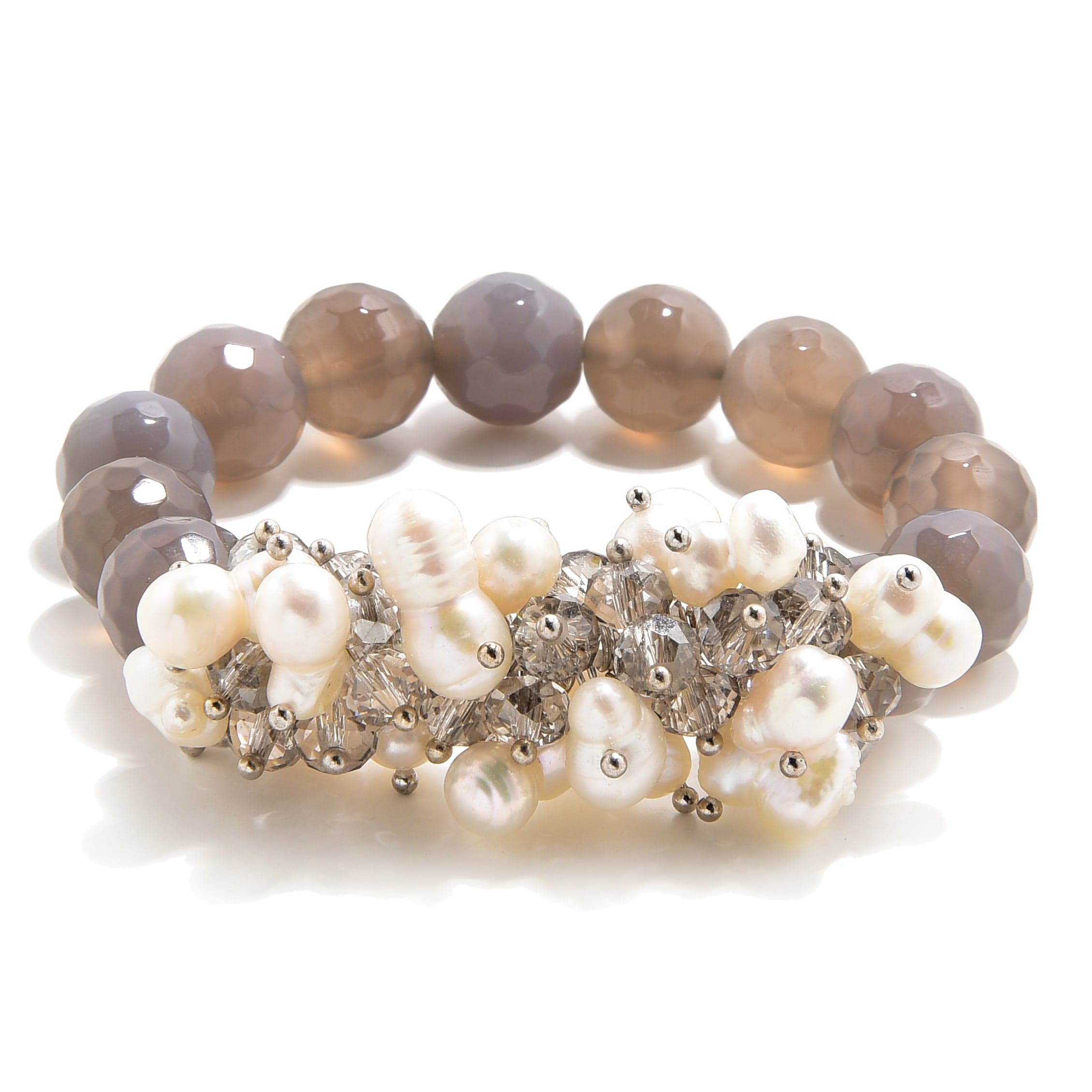 Kalifano Gemstone Bracelets Faceted Grey Agate & Freshwater Pearls 12mm Gemstone Bead Elastic Bracelet GOLD-BGP-PGY
