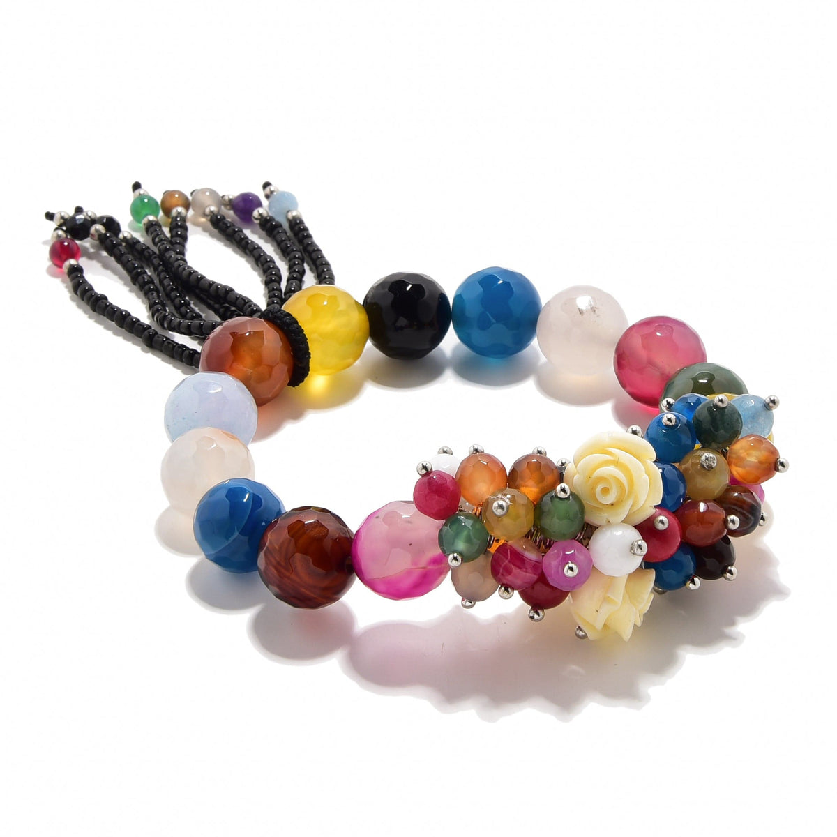 Kalifano Gemstone Bracelets Faceted Multicolor Agate with Flower Accents 12mm Gemstone Bead Elastic Bracelet GOLD-BGP-FMT
