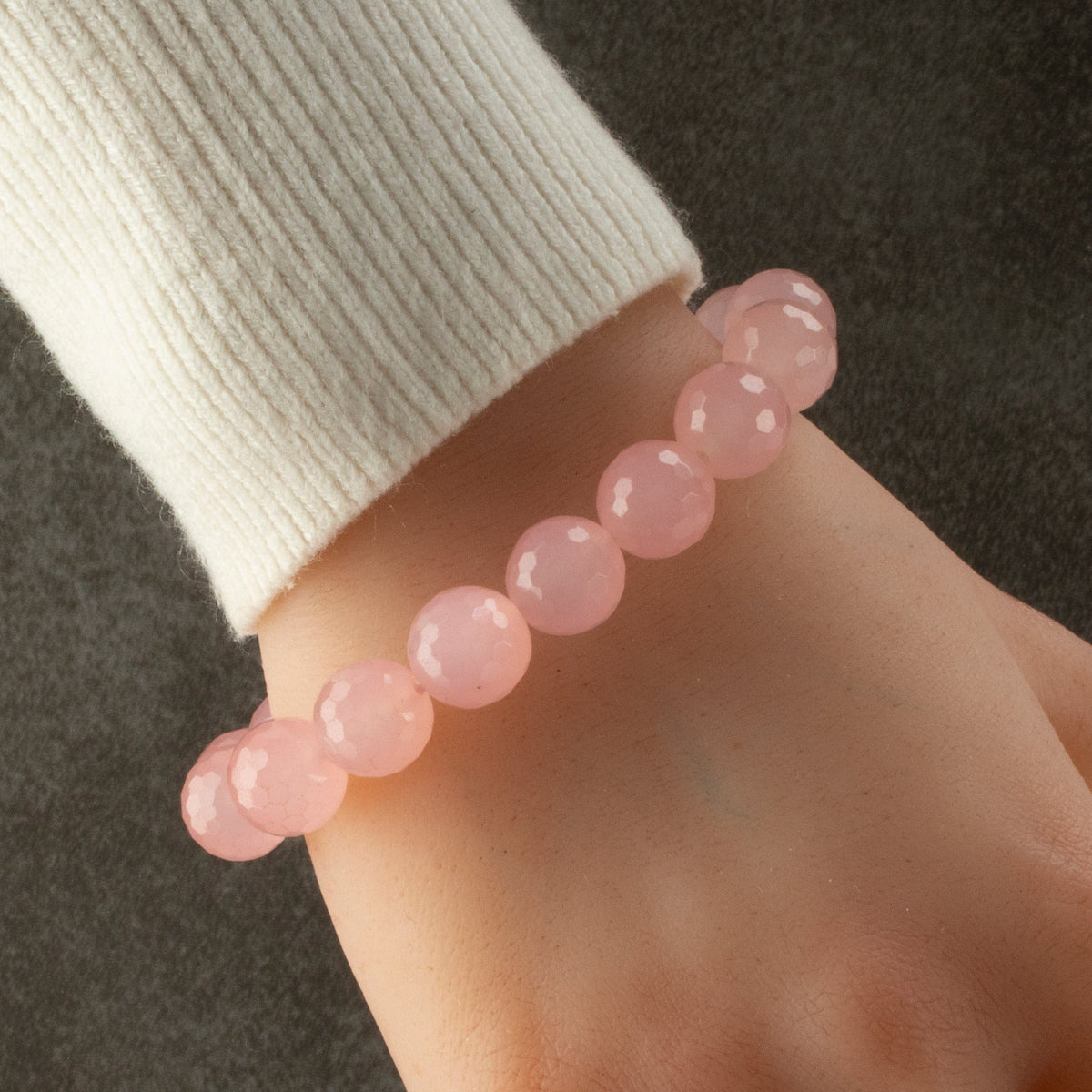Kalifano Gemstone Bracelets Faceted Rose Quartz 12mm Gemstone Bead Elastic Bracelet GOLD-BGP-082
