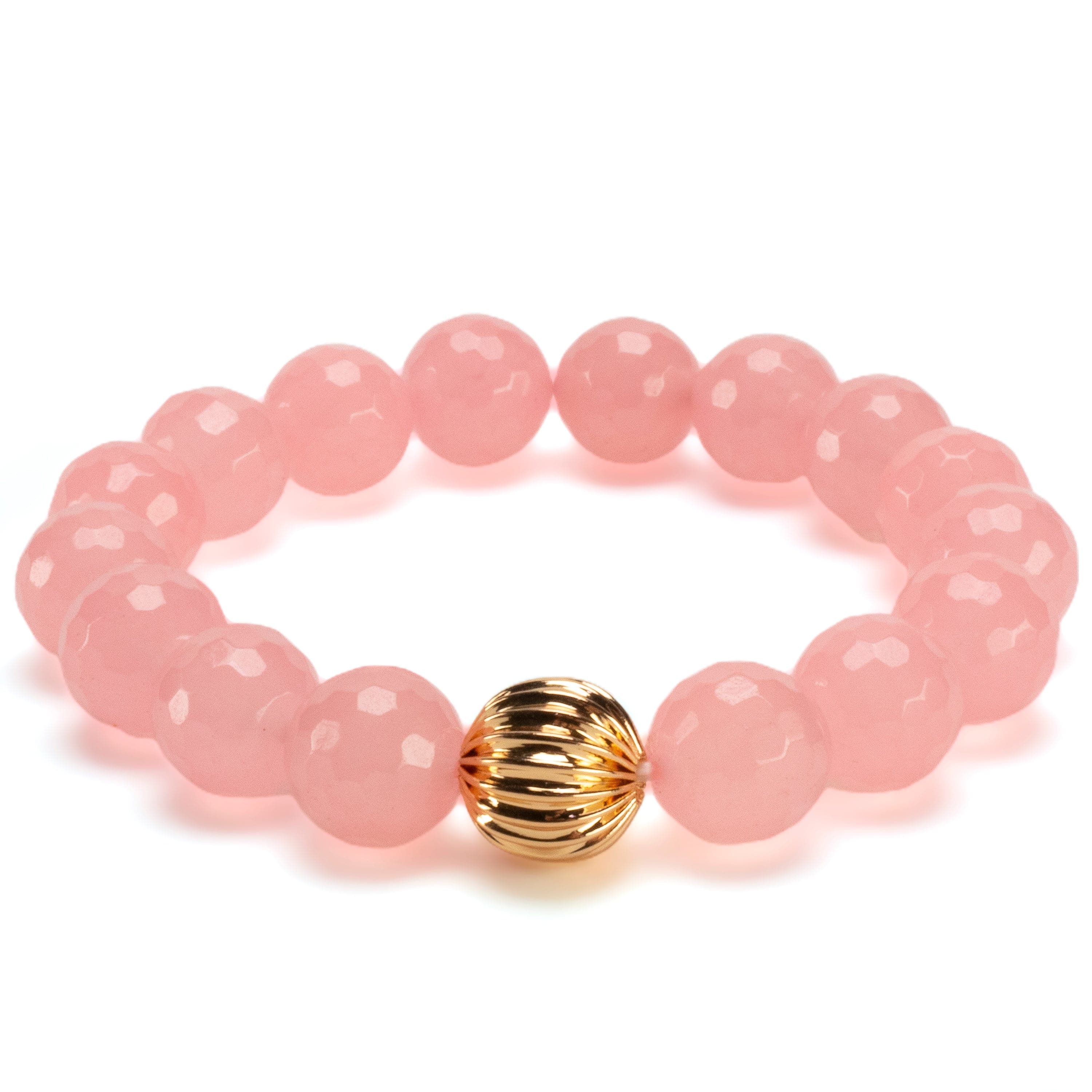 Kalifano Gemstone Bracelets Faceted Rose Quartz 12mm Gemstone Bead Elastic Bracelet with Gold Accent Bead GOLD-BGP-083