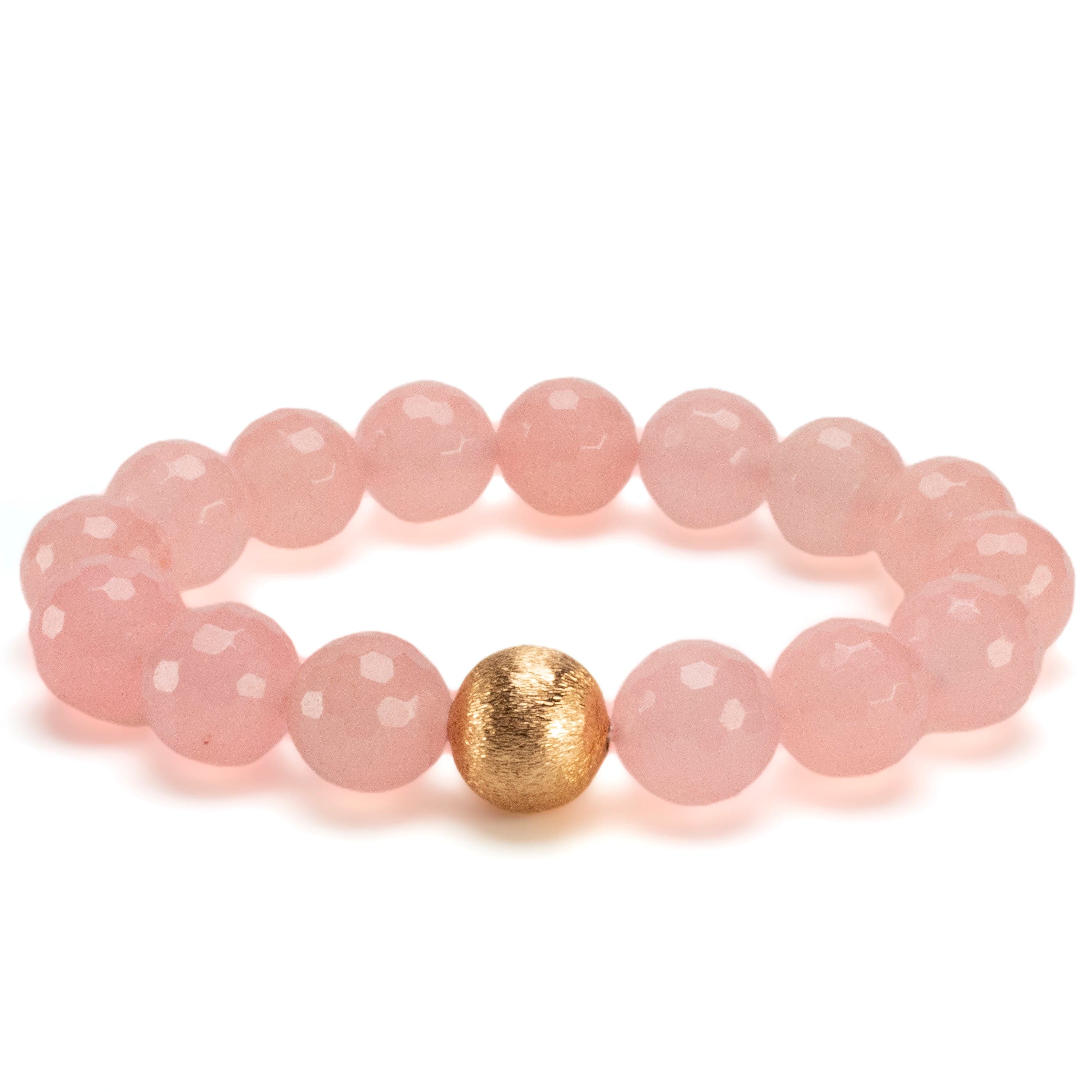 Kalifano Gemstone Bracelets Faceted Rose Quartz 12mm Gemstone Bead Elastic Bracelet with Matte Gold Accent Bead GOLD-BGP-089