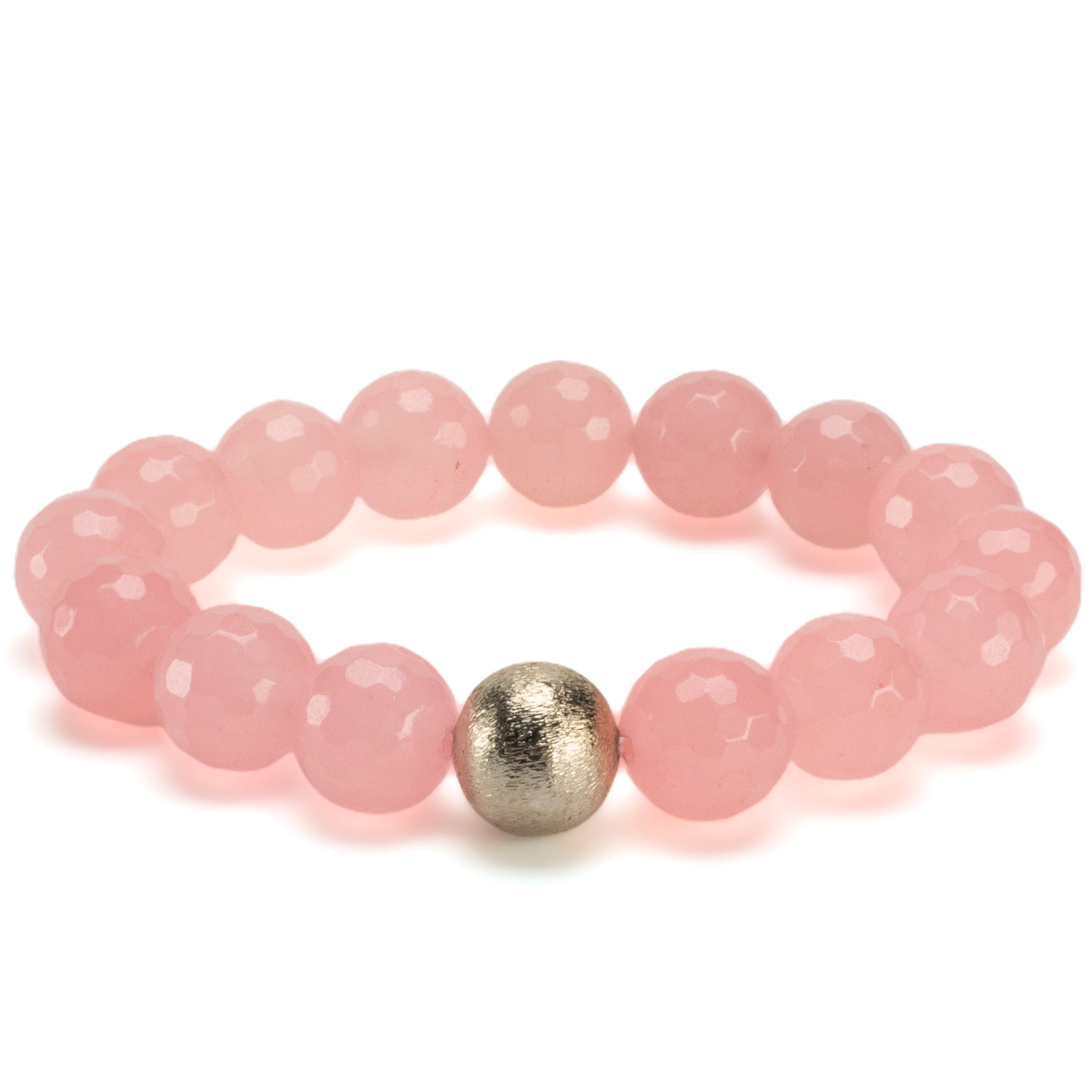 Kalifano Gemstone Bracelets Faceted Rose Quartz 12mm Gemstone Bead Elastic Bracelet with Matte Silver Accent Bead GOLD-BGP-090