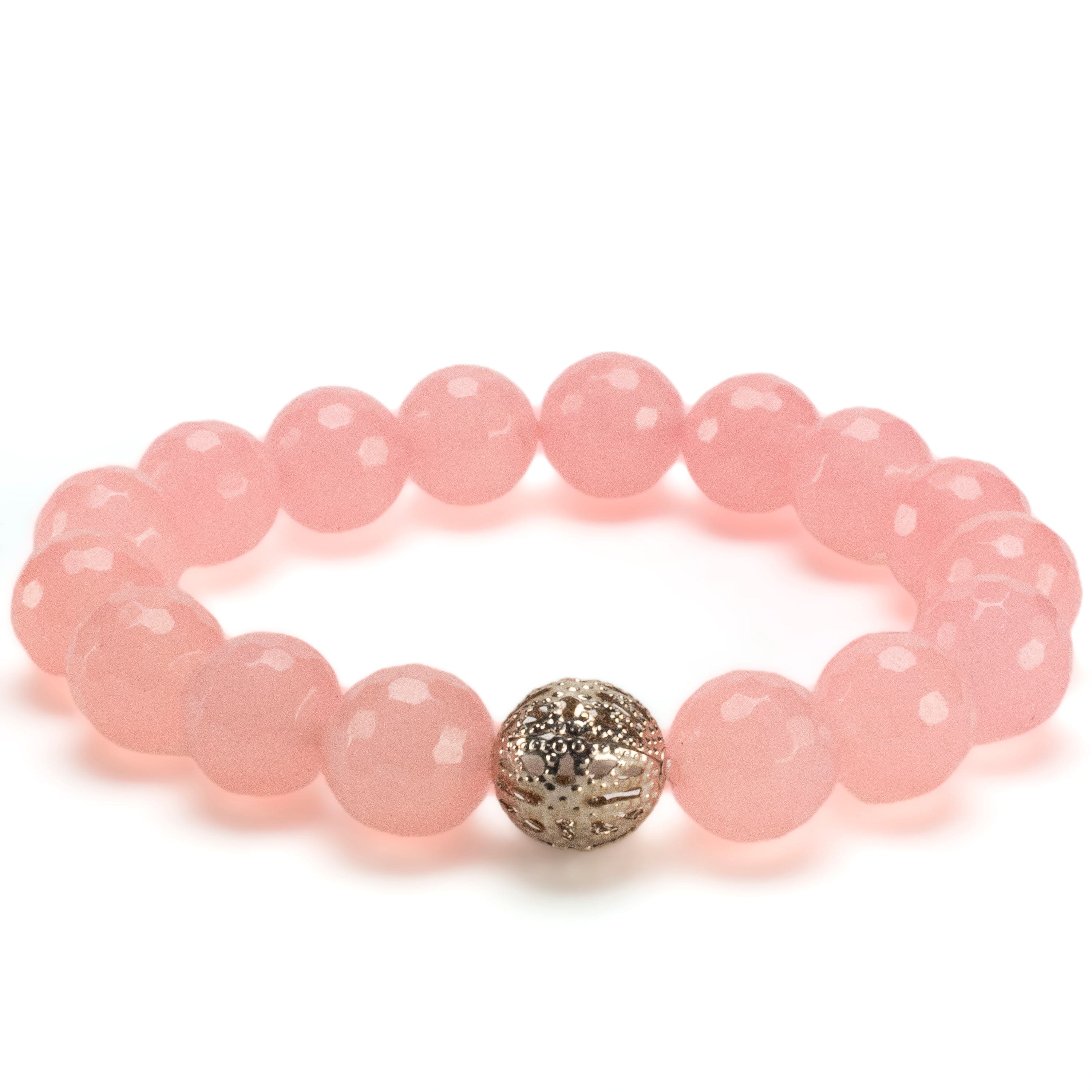 Kalifano Gemstone Bracelets Faceted Rose Quartz 12mm Gemstone Bead Elastic Bracelet with Silver Accent Bead GOLD-BGP-088