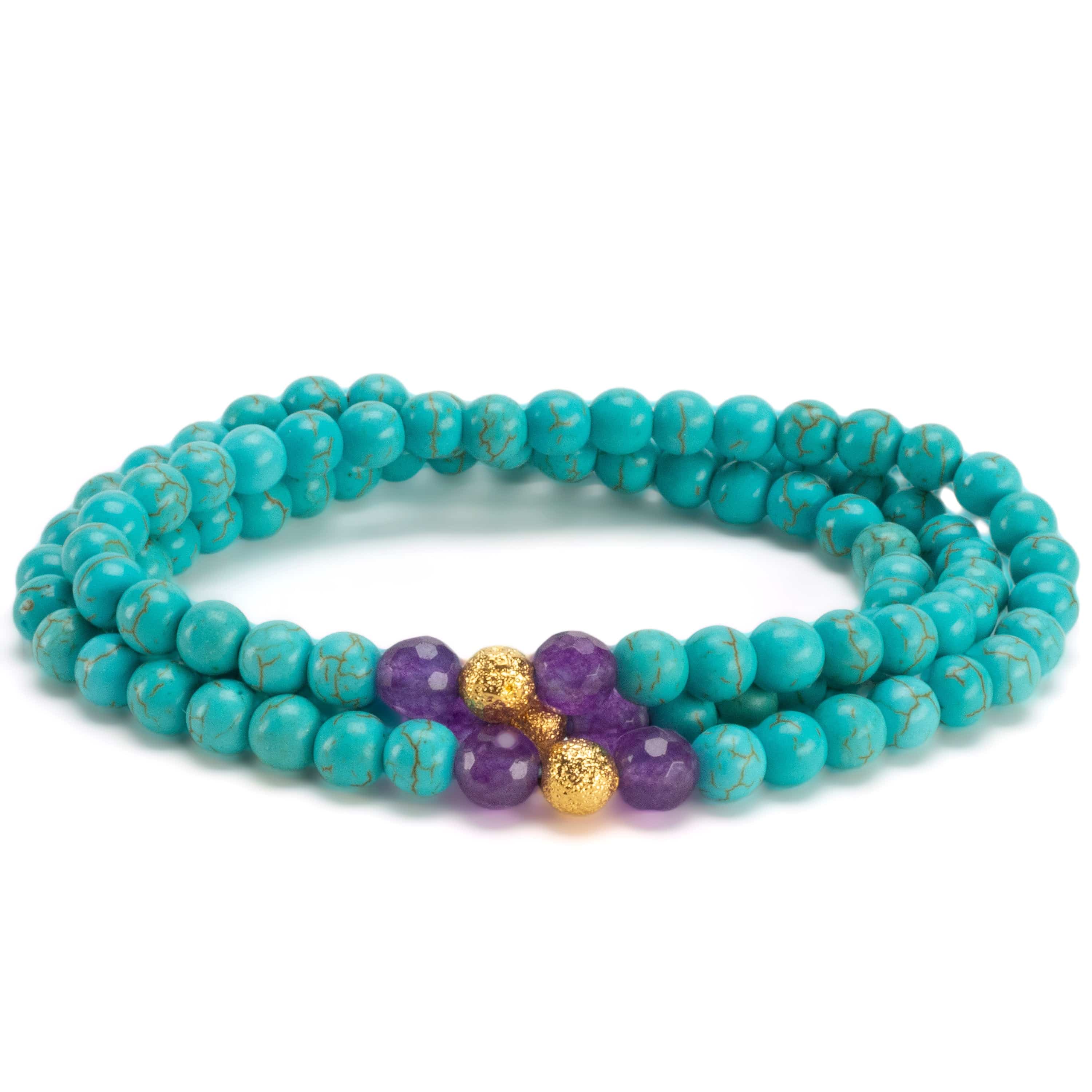 Kalifano Gemstone Bracelets Howlite Turquoise 6mm Beads with Amethyst & Gold Accent Beads Triple Wrap Gemstone Elastic Bracelet WHITE-BGI3-082