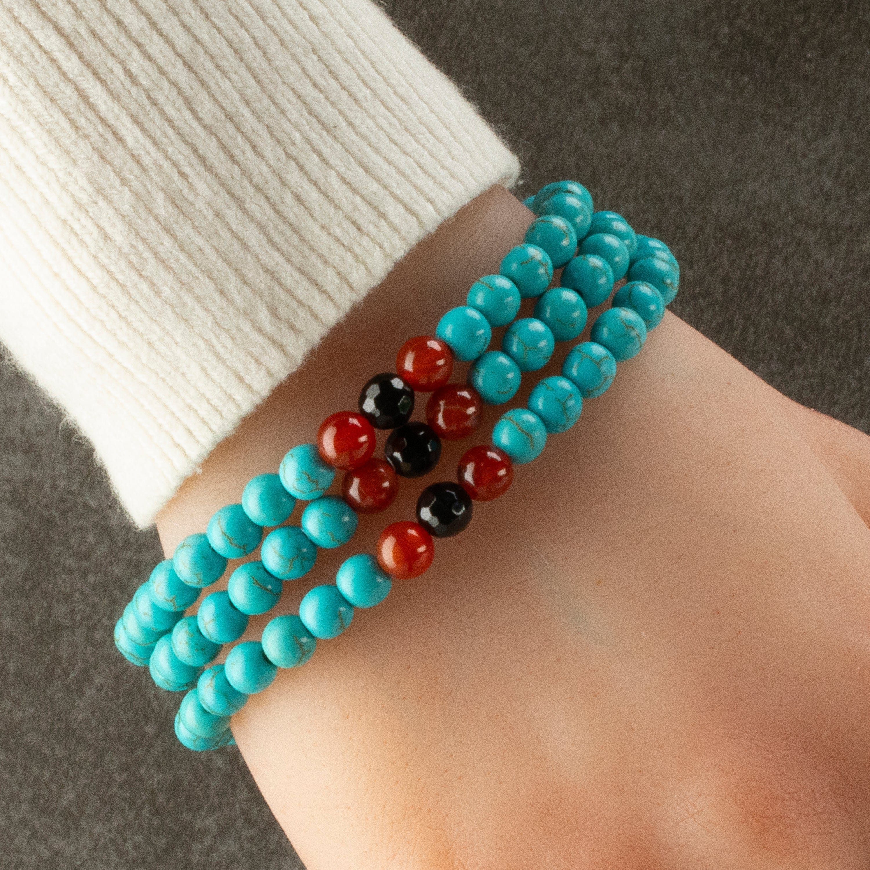 Kalifano Gemstone Bracelets Howlite Turquoise 6mm Beads with Black Agate & Carnelian Accent Beads Triple Wrap Gemstone Elastic Bracelet WHITE-BGI3-081