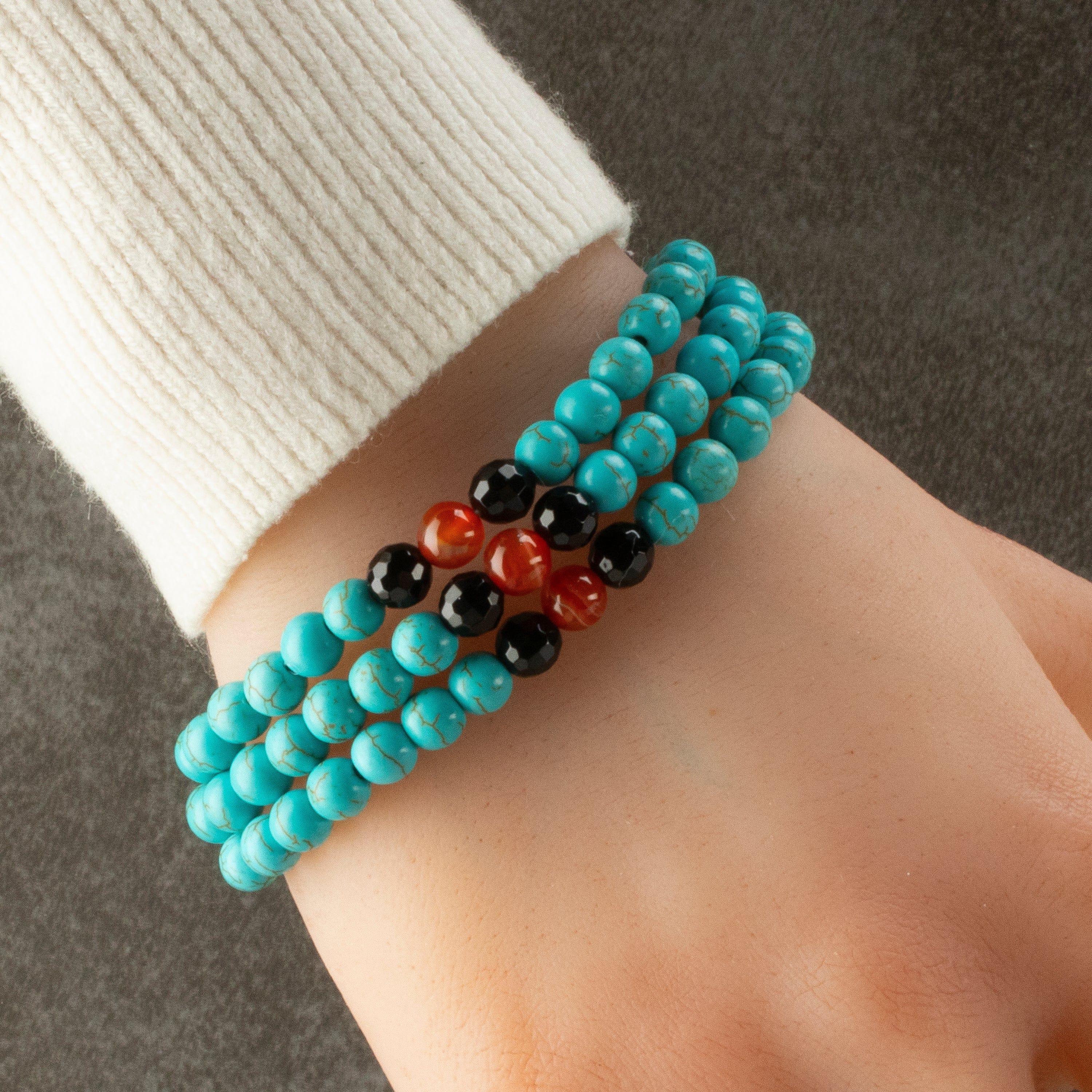 Kalifano Gemstone Bracelets Howlite Turquoise 6mm Beads with Black Agate & Carnelian Accent Beads Triple Wrap Gemstone Elastic Bracelet WHITE-BGI3-083