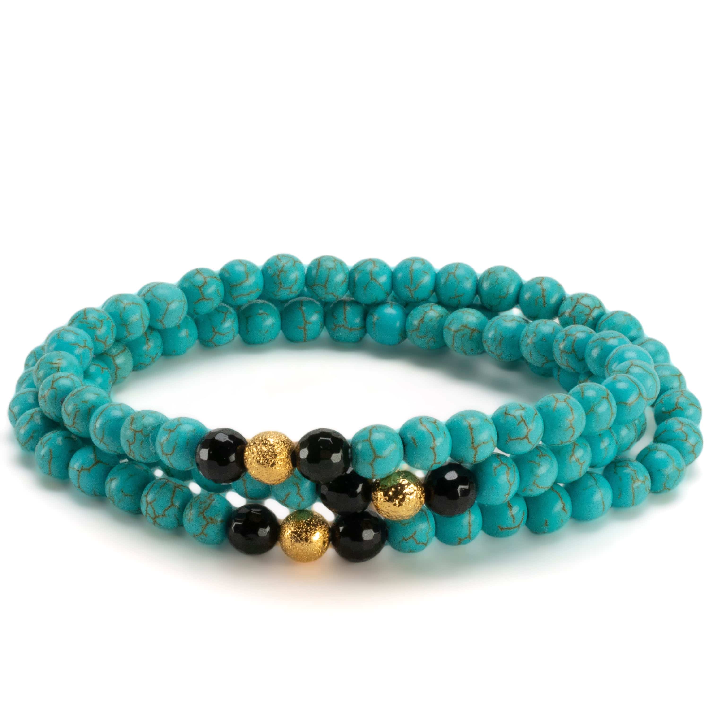 Kalifano Gemstone Bracelets Howlite Turquoise 6mm Beads with Black Agate & Gold Sparkly Accent Beads Triple Wrap Gemstone Elastic Bracelet WHITE-BGI3-084