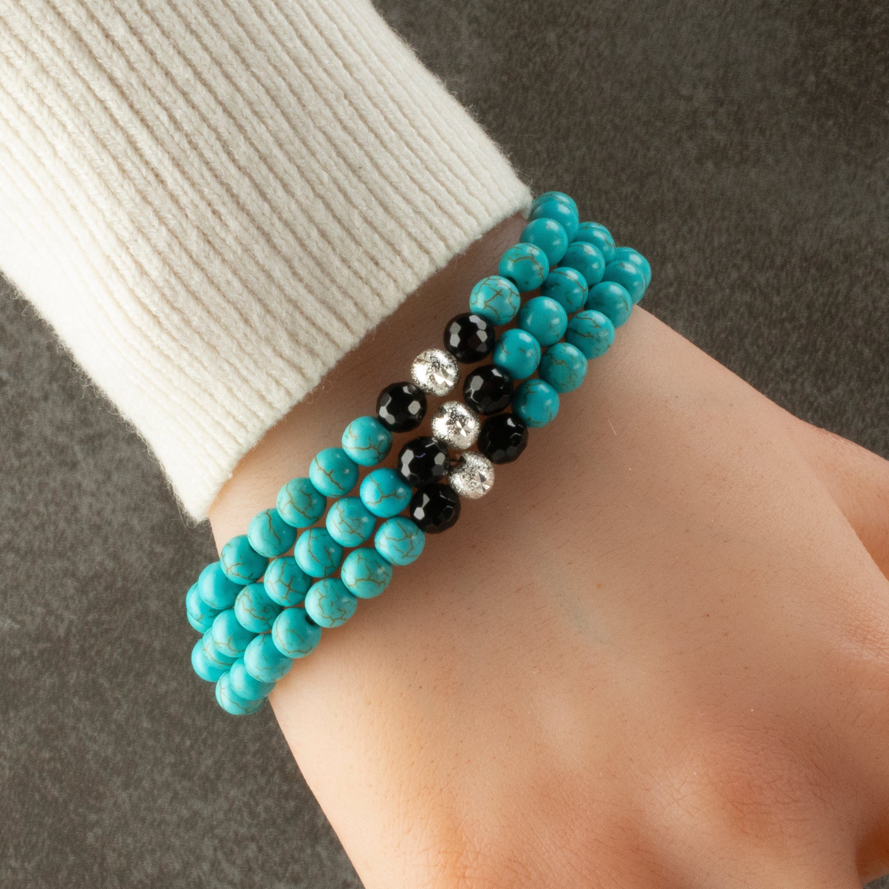 Kalifano Gemstone Bracelets Howlite Turquoise 6mm Beads with Black Agate & Silver Sparkly Accent Beads Triple Wrap Gemstone Elastic Bracelet WHITE-BGI3-085