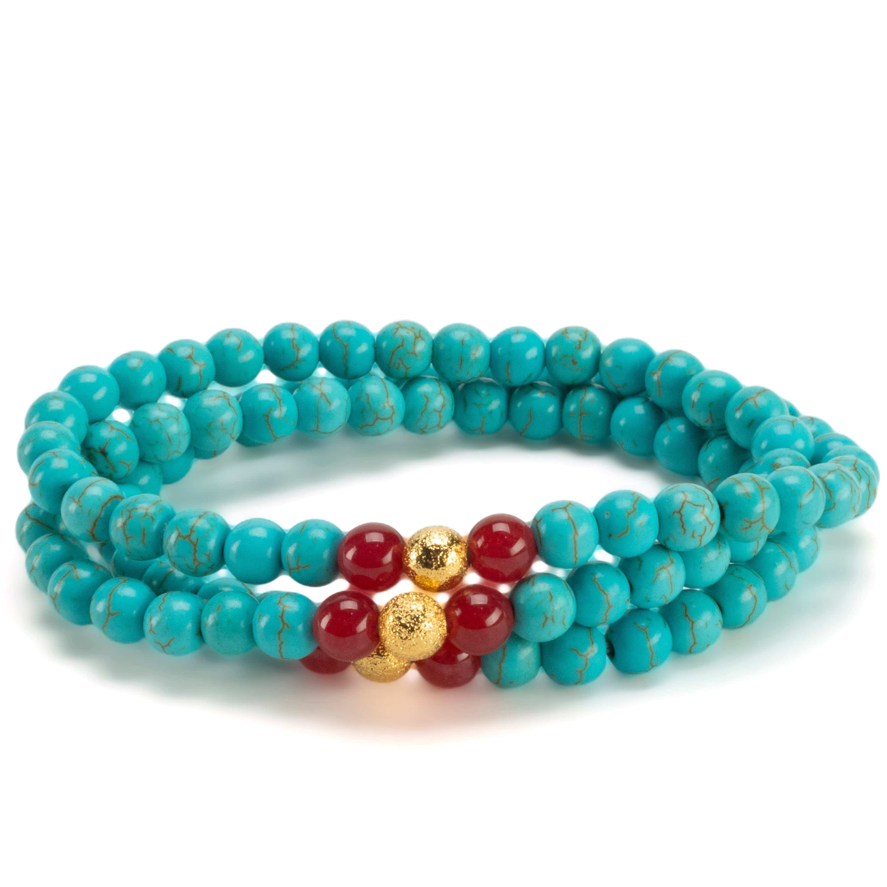 Kalifano Gemstone Bracelets Howlite Turquoise 6mm Beads with Red Agate & Gold Sparkly Accent Beads Triple Wrap Gemstone Elastic Bracelet WHITE-BGI3-087