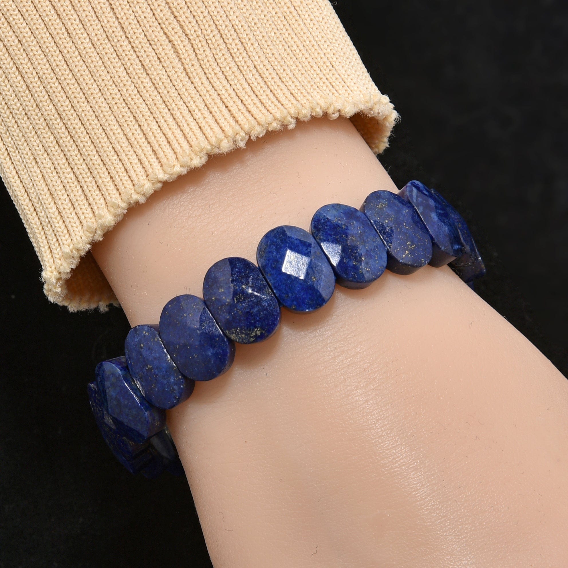 Kalifano Gemstone Bracelets Lapis Lazuli Natural Gemstone 14mm Beads Elastic Bracelet GOLD-BGP-094