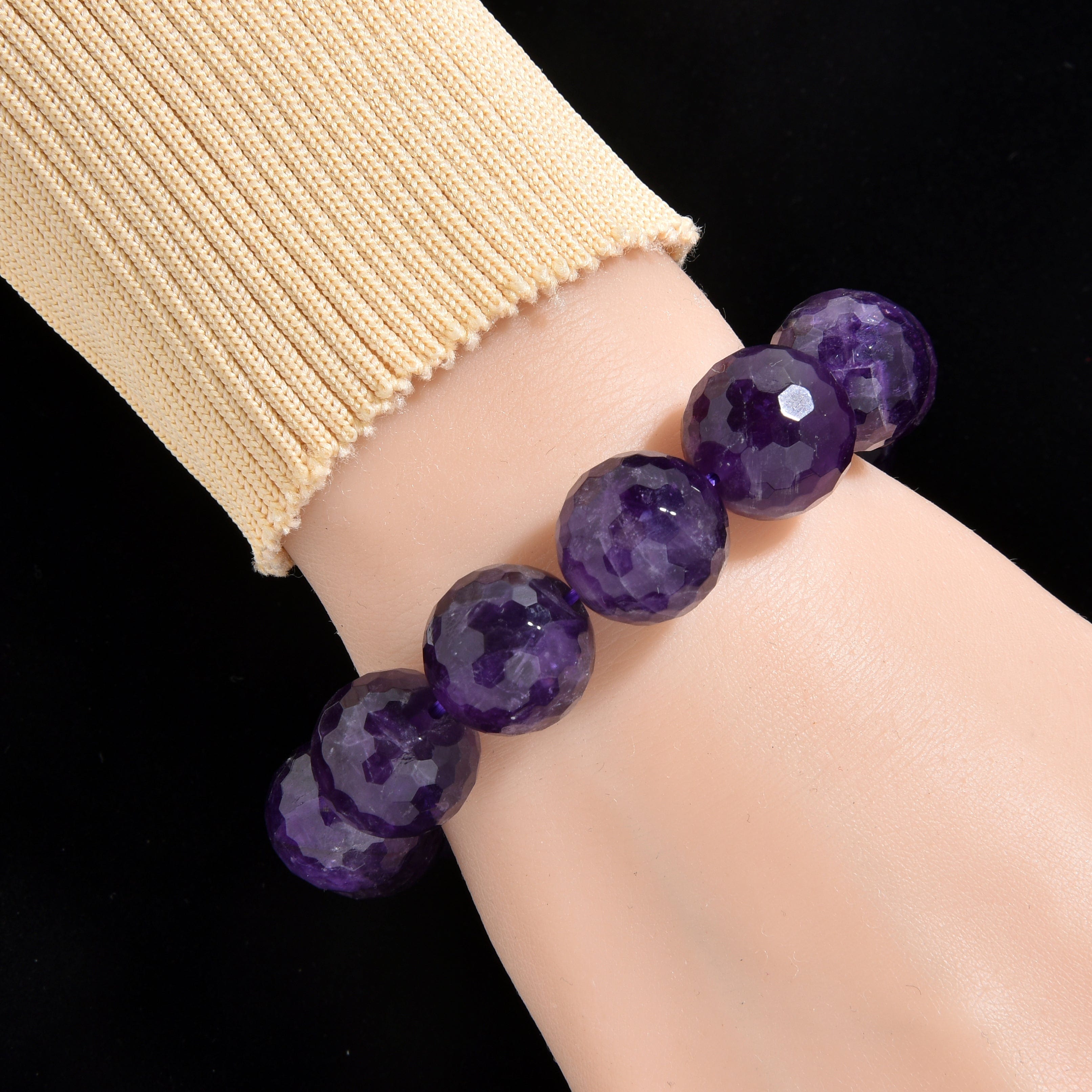 Kalifano Gemstone Bracelets Natural Amethyst 16mm Faceted Gemstone Bead Elastic Bracelet BLACK-BGP-048