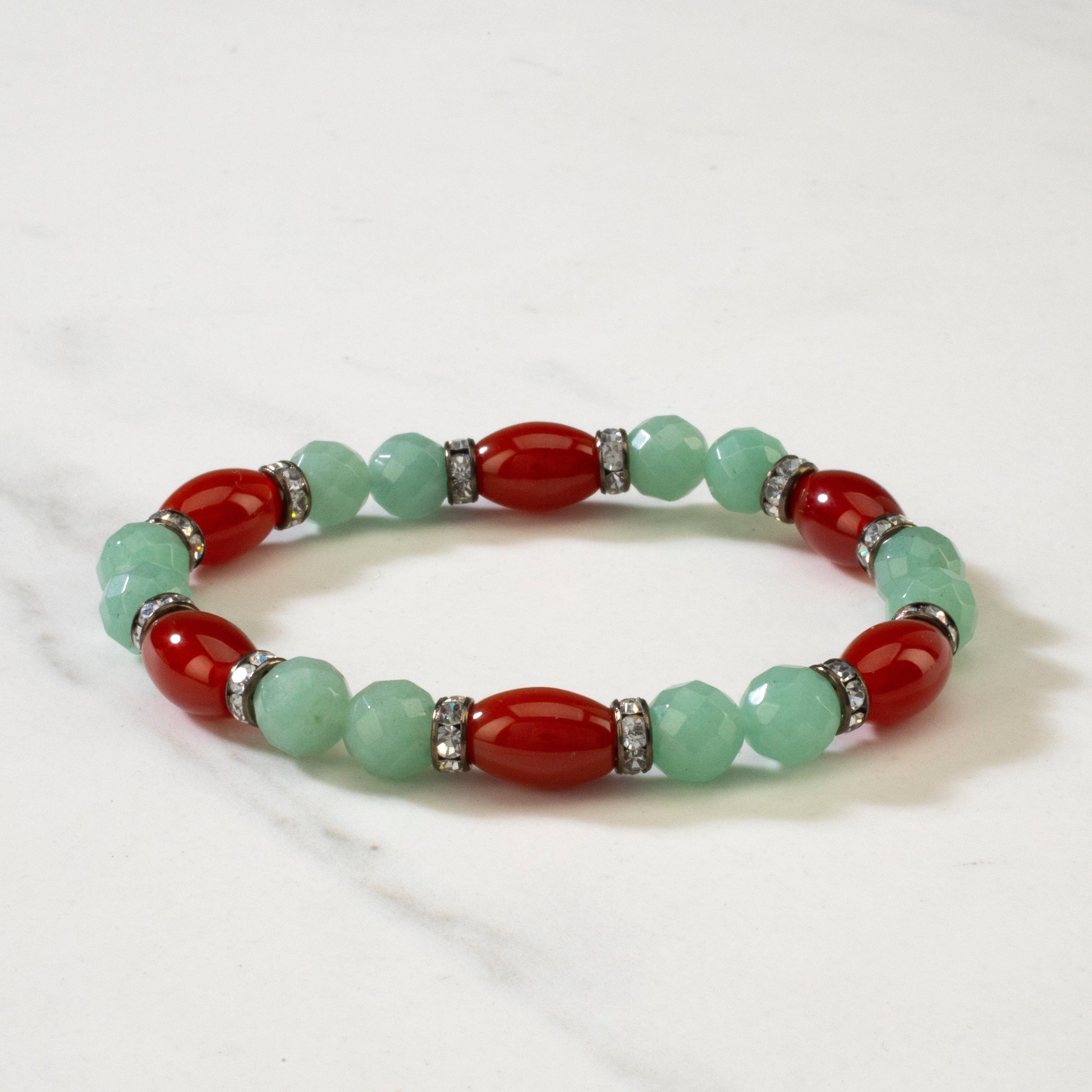 Kalifano Gemstone Bracelets Oval Carnelian and Round Faceted Aventurine with Crystal Accent Beads Gemstone Elastic Bracelet BLUE-BGP-007